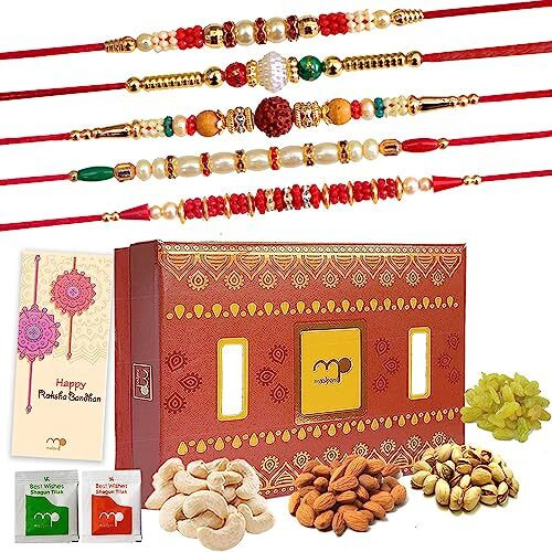 Maalpani Dry Fruits with 5 Rakhi Set for Brother - bhiaya - Bro -Bhai | Rakhi Festival Dry Fruit Combo