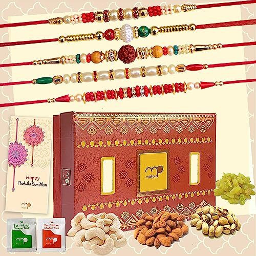 Maalpani Dry Fruits with 5 Rakhi Set for Brother - bhiaya - Bro -Bhai | Rakhi Festival Dry Fruit Combo