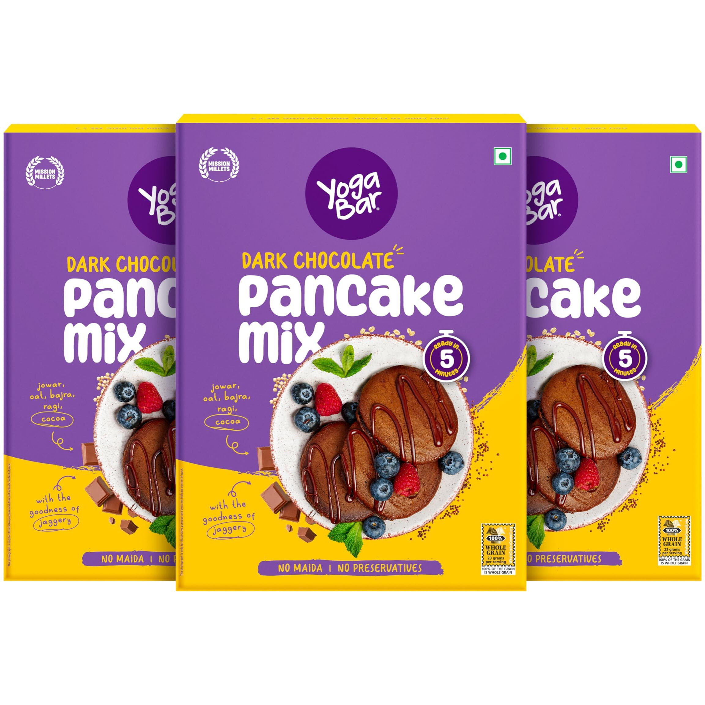 Yogabar Pancake Mix, Chocolate Pan Cake Mix Powder, 0 Maida, 0 Preservatives, Goodness Of Jowar, Oats, Bajra, Ragi, Breakfast For Children, Easy To Make Sunday Breakfast,150G, Pack Of 3