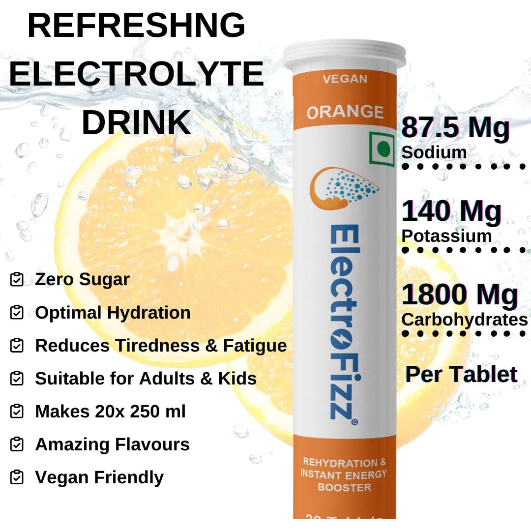 ElectroFizz Electrolyte Energy Drink For Workout,Sports Drink For Men&Women,Energy Supplement,Instant Hydration-40 Effervescent Tablets (Pack Of 2 Tubes) (Orange),Gluten Free