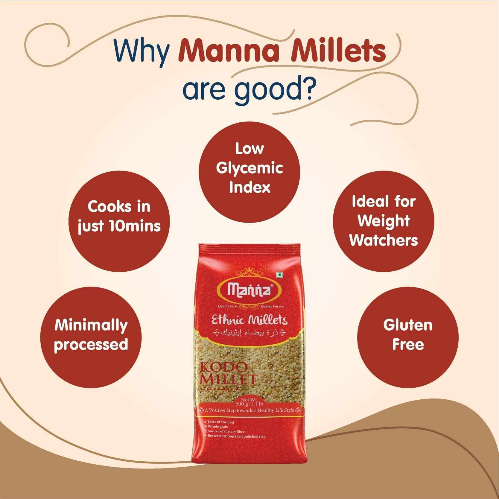 Manna Kodo Millet 2Kg Natural Grains Kodra / Varagu / Arikelu / Hark / Varigu | Native Low GI Millet Rice | High Protein & 100% More Fibre Than Rice