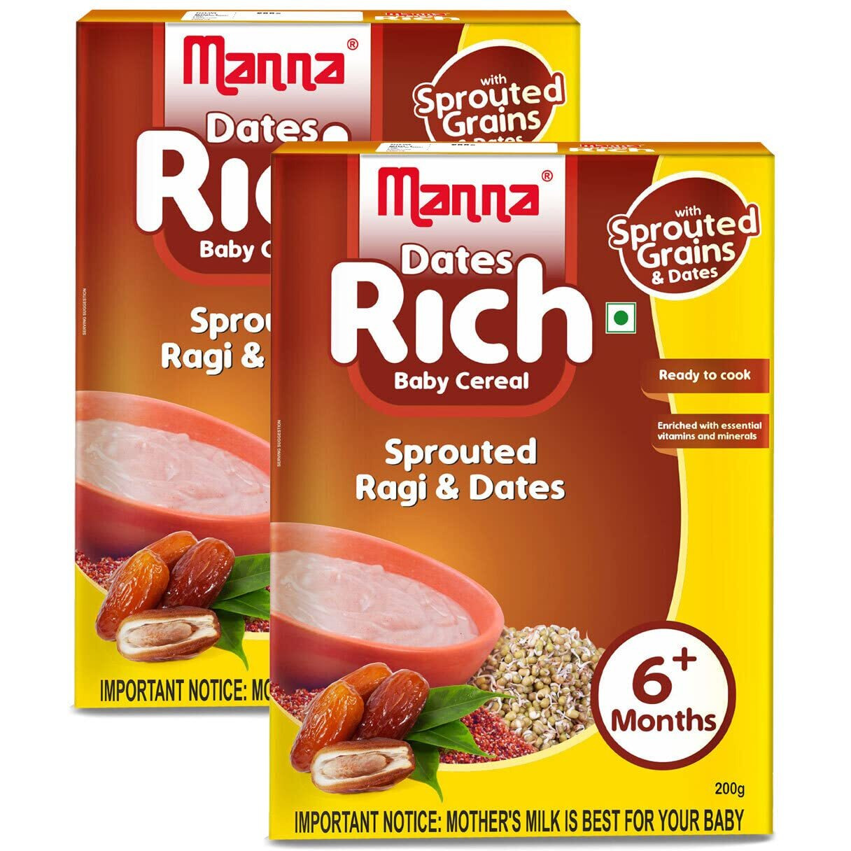 Manna Baby Cereal,Baby Food (6+Months) Sprouted Ragi with Dates Powder, Zero Added Sugar, No Artificial Colours, No Artificial Flavours, 400g (200g, Pack of 2)