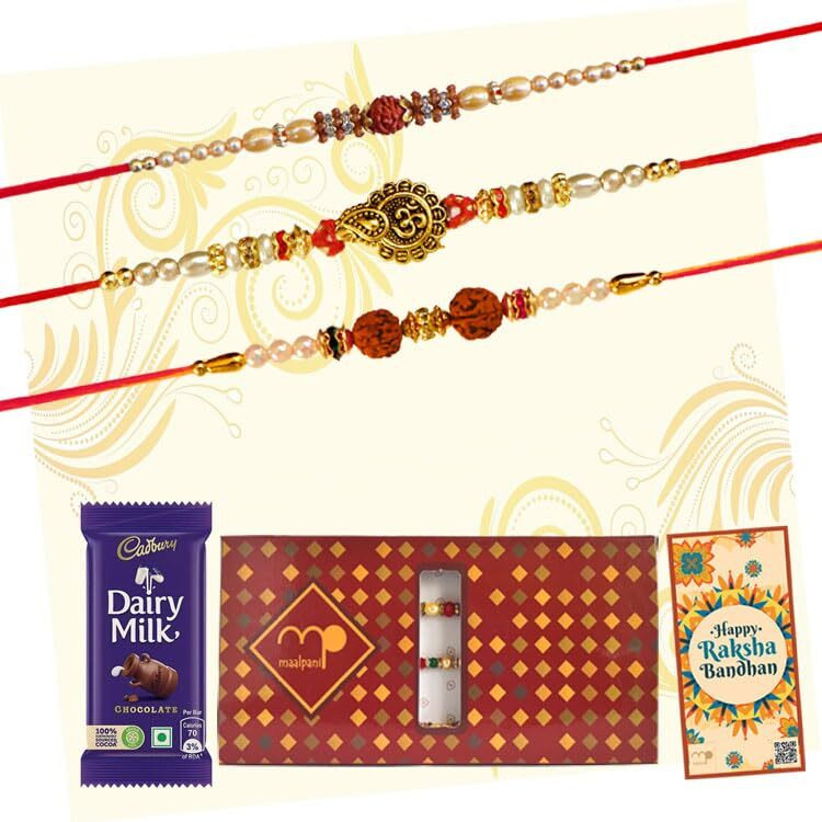 Maalpani Set of Three Sandalwood Rakhis Plus Chocolate - Rakhi Set for Brother