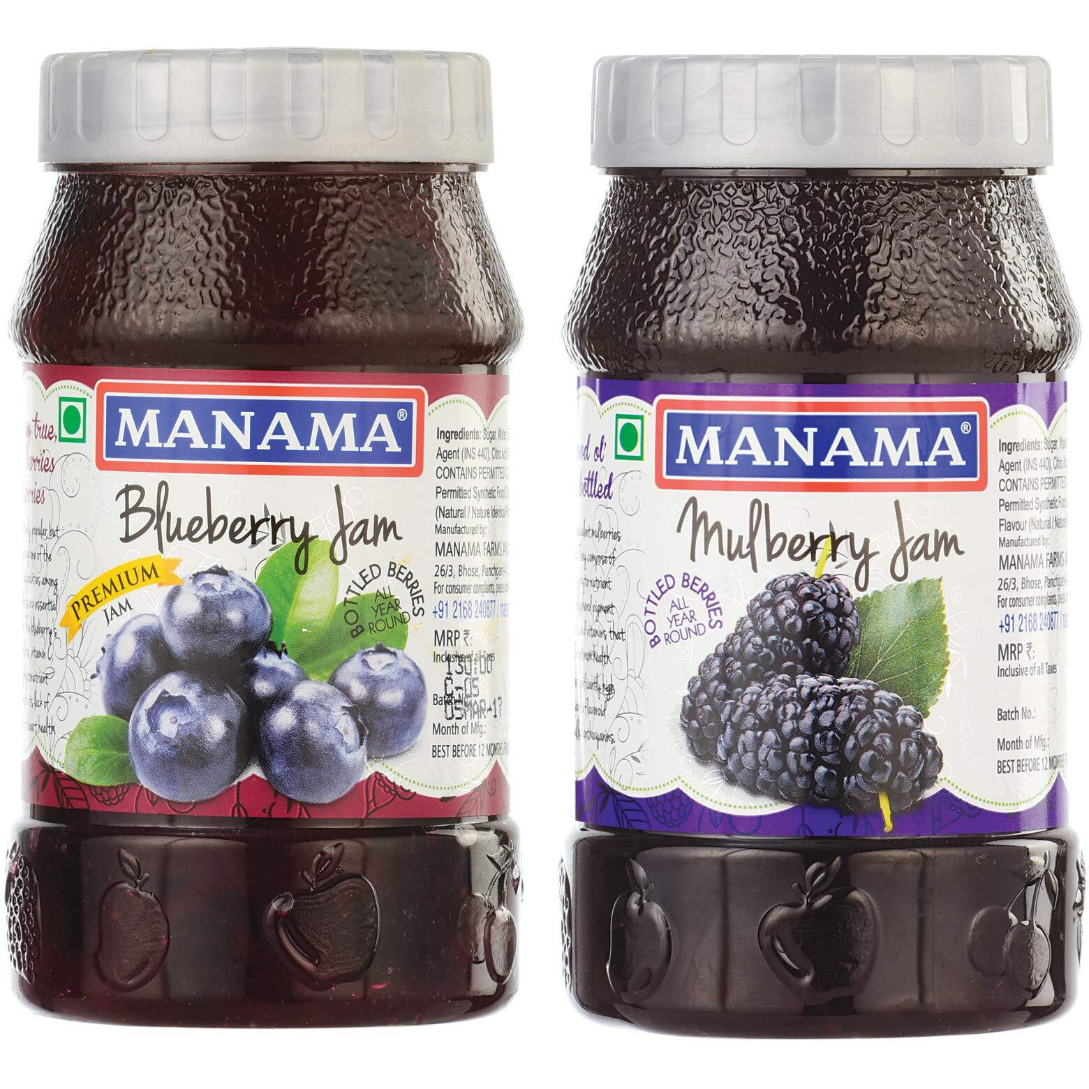 Manama Blueberry Fruit Jam and Mulberry Fruit Jam, 500GMS Each, Pack of 2