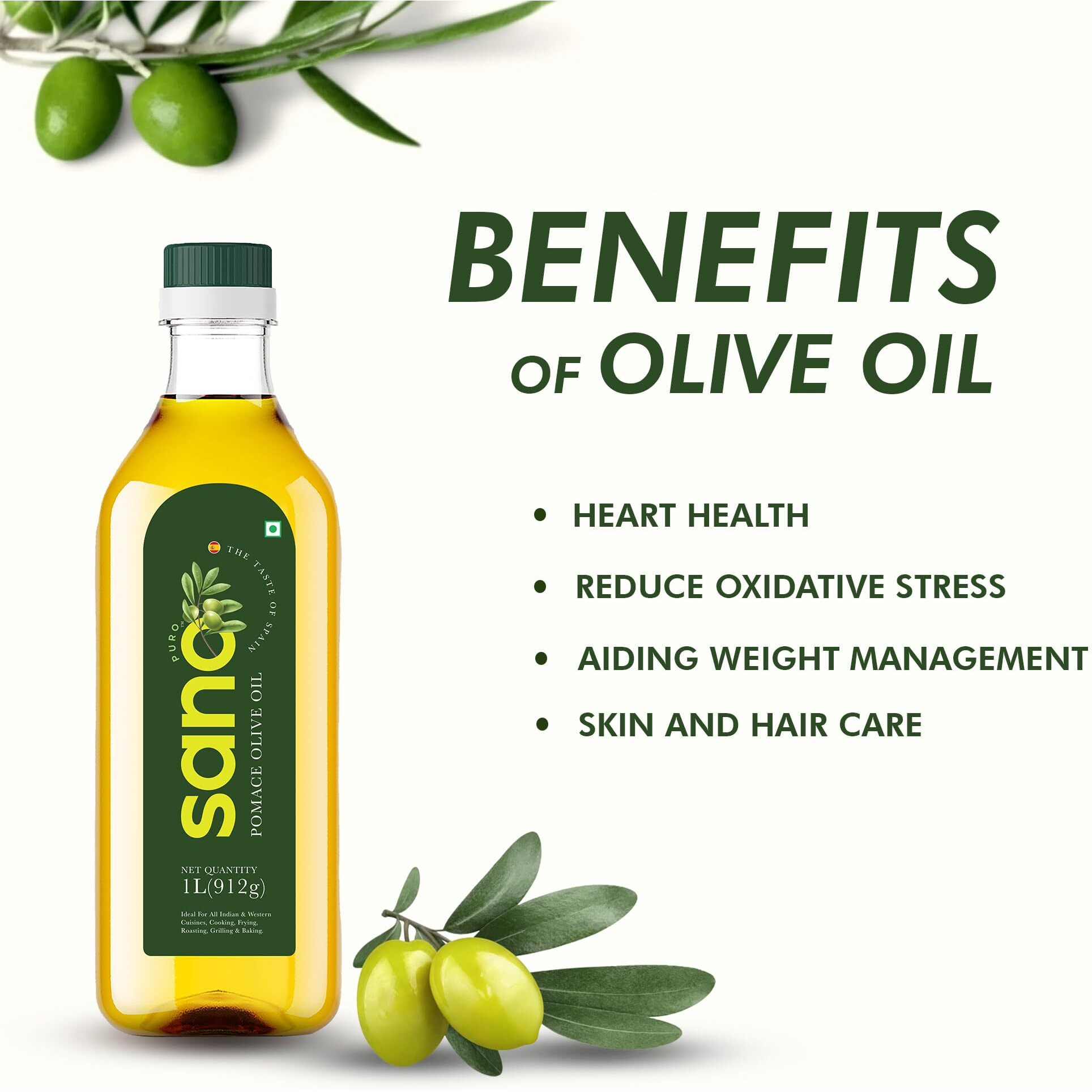 Sano Pomace Olive Oil 3L Pet Bottle - Ideal for Frying, Roasting, & Sauting | Rich Flavor & High Smoke Point | Versatile Cooking Oil for Indian Cuisine | Healthy Cooking Oil (3 Litre)