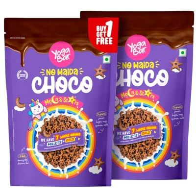 Yogabar Multigrain Moon & Star Chocos Cereal Breakfast, Zero Maida, Delicious Chocolate Chocos For Kids & Adults, Protein Food, 0 Added Preservatives, 0 Added Chemicals, Has Jowar, P2