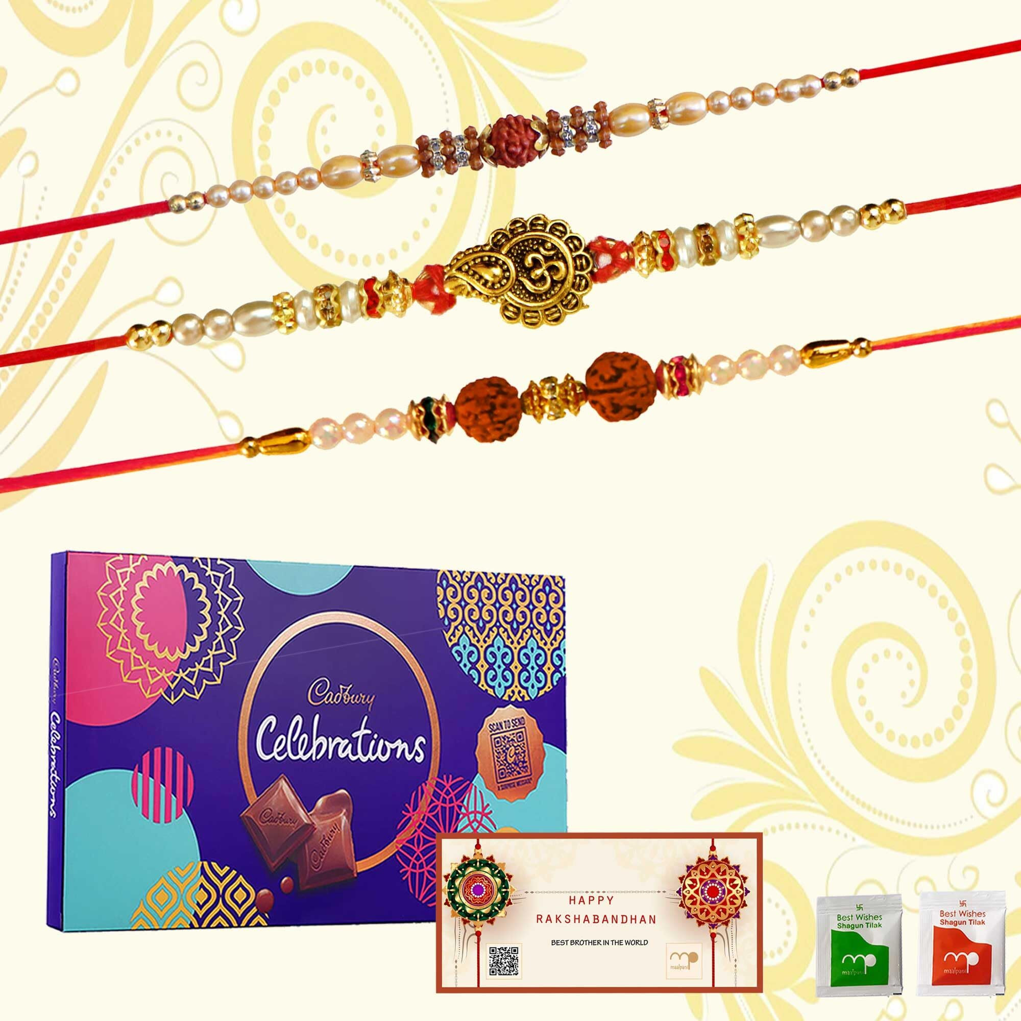 Maalpani Rakhi Chocolate Gift Set of 3 Bead and Diamond Rakhi - Celebration Chocolates