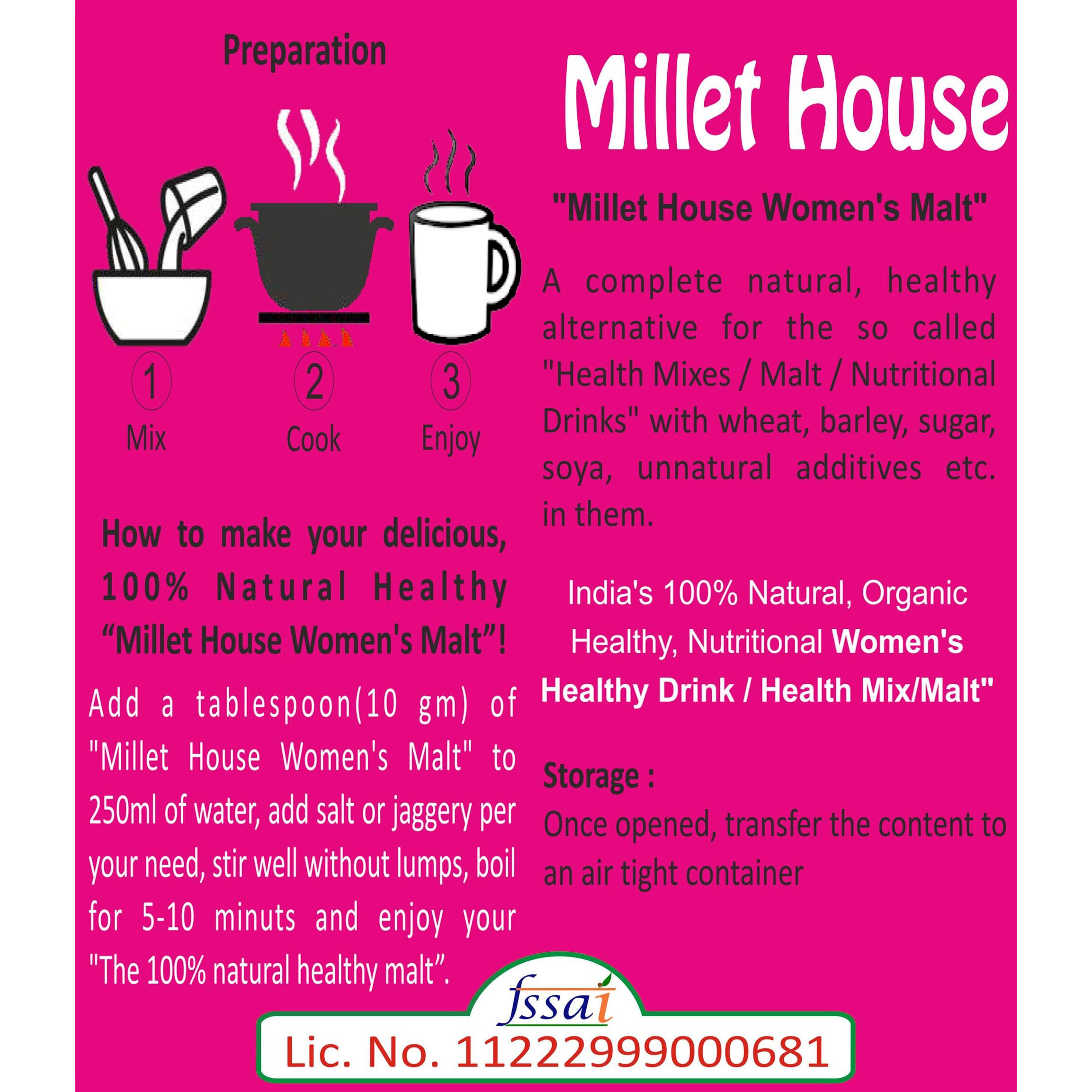 Millet House Womens Malt 400 Grams | Sprouted Millets Ayurvedic Herbs Malt | 100% Organic Health Mix for Women| Certified Special Women Health Mix Malt (Pack of 1, 400 Grams)