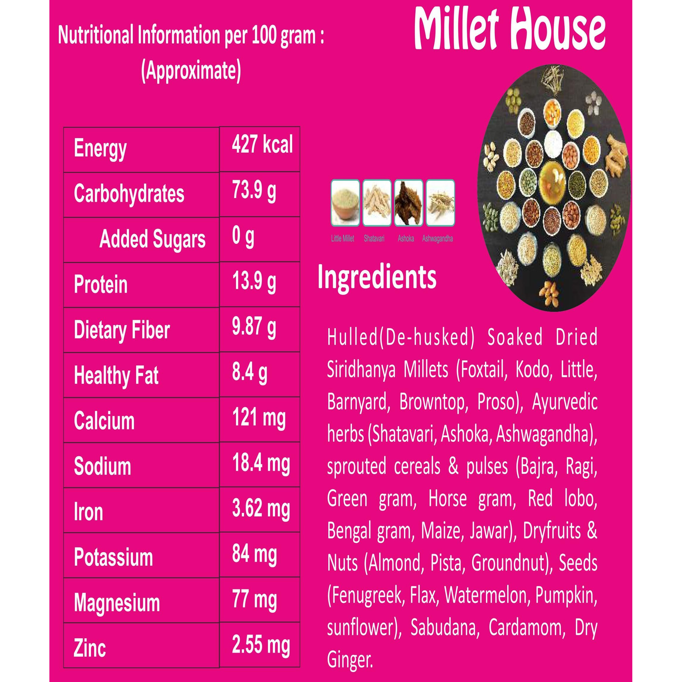Millet House Womens Malt 400 Grams | Sprouted Millets Ayurvedic Herbs Malt | 100% Organic Health Mix for Women| Certified Special Women Health Mix Malt (Pack of 1, 400 Grams)