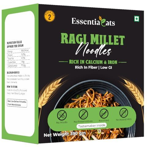 Essentiaeats Ragi Millet Noodles Pack of 2, 390 gm | No Maida, Low GI, No Preservatives