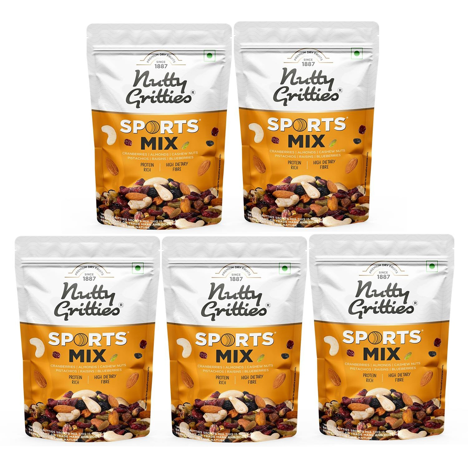 Nutty Gritties Sports Mix - Roasted Almonds, Cashews, Pistachios, Dried Blueberries, Cranberries and Raisins, Mixed Dry Fruits | Resealable Pouch- 350g (Pack of 5)