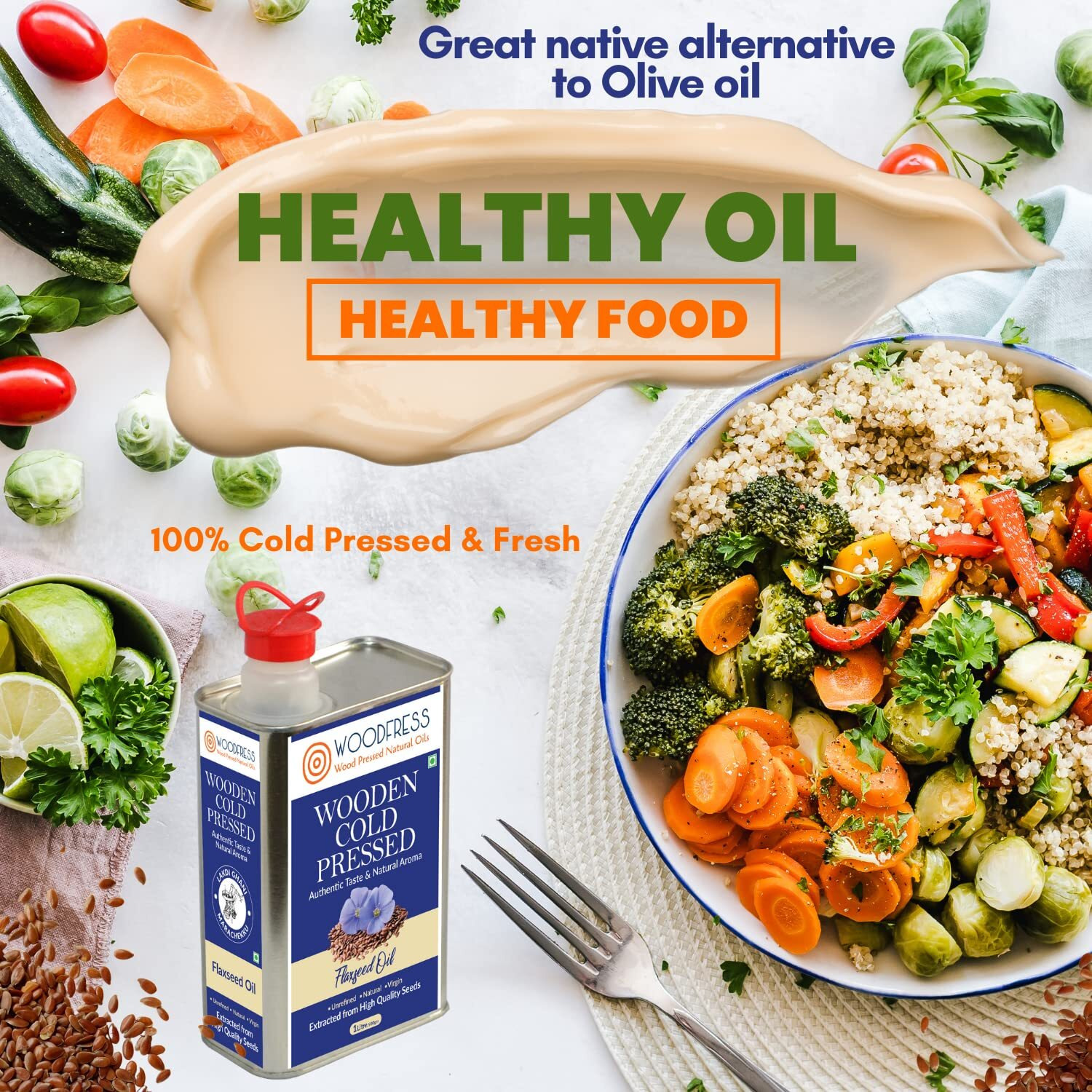 WOODFRESS Flaxseed Oil Cold Pressed - 3 Litre, Omega 3 Alsi Oil, Pure & Natural Linseed Oil, Javas/Jawas Alsi ka Tel for Cooking, Salads & Health Care, Vegan & Multipurpose, Wood Pressed Flax Seed Oil - 3L
