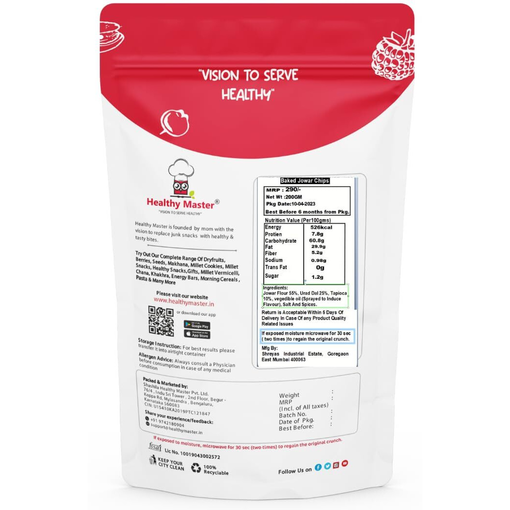 Healthy Master Baked Jowar Chips 200 Gram | All Natural Ingredients | High In Fiber | Low In Sodium | Helps In Weight Loss | Calcium Rich | Gluten-Free | Vacuum Cooked | Oil-Free