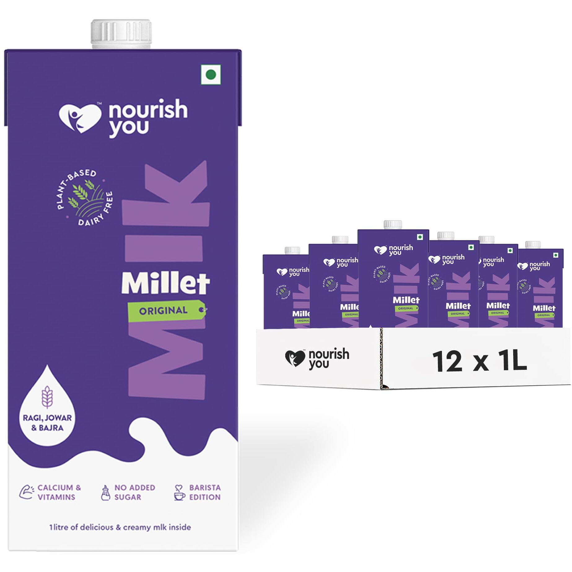 Nourish You Plant Based Millet Mlk with goodness of Ragi, Jowar, Bajra & Oats |Lactose Free | Dairy Free | Preservatives free | Healthy Vegan Creamy Mlk | No-added sugar | 12 L (1L each  12)