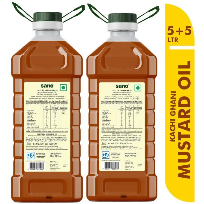 sano Pure & Fresh Kachi Ghani Mustard Oil - 5 Ltr X 2 Pack Pet Bottle | High Pungency | Rich in Omega-3 | 100% Natural | Authentic Indian Cooking Oil