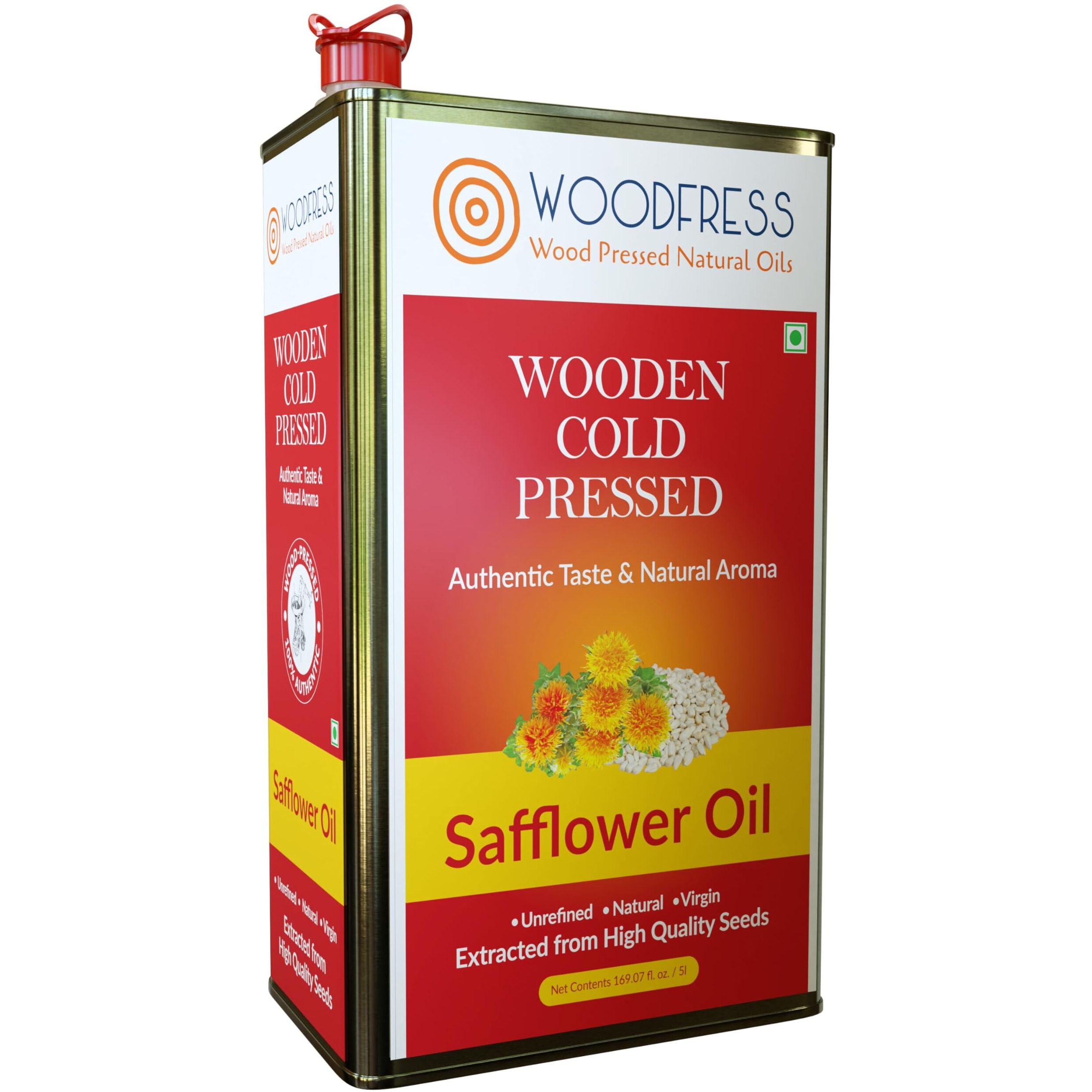 WOODFRESS Cold Pressed Safflower Oil 5 Litre, Freshly Hulled, 25kg Seeds for 5L Pure Woodpress Oil, Wood Pressed Kardai/Kardi Tel (Lakdi Ghani/Marachekku) for Healthy Cooking, Metal Tin 5L