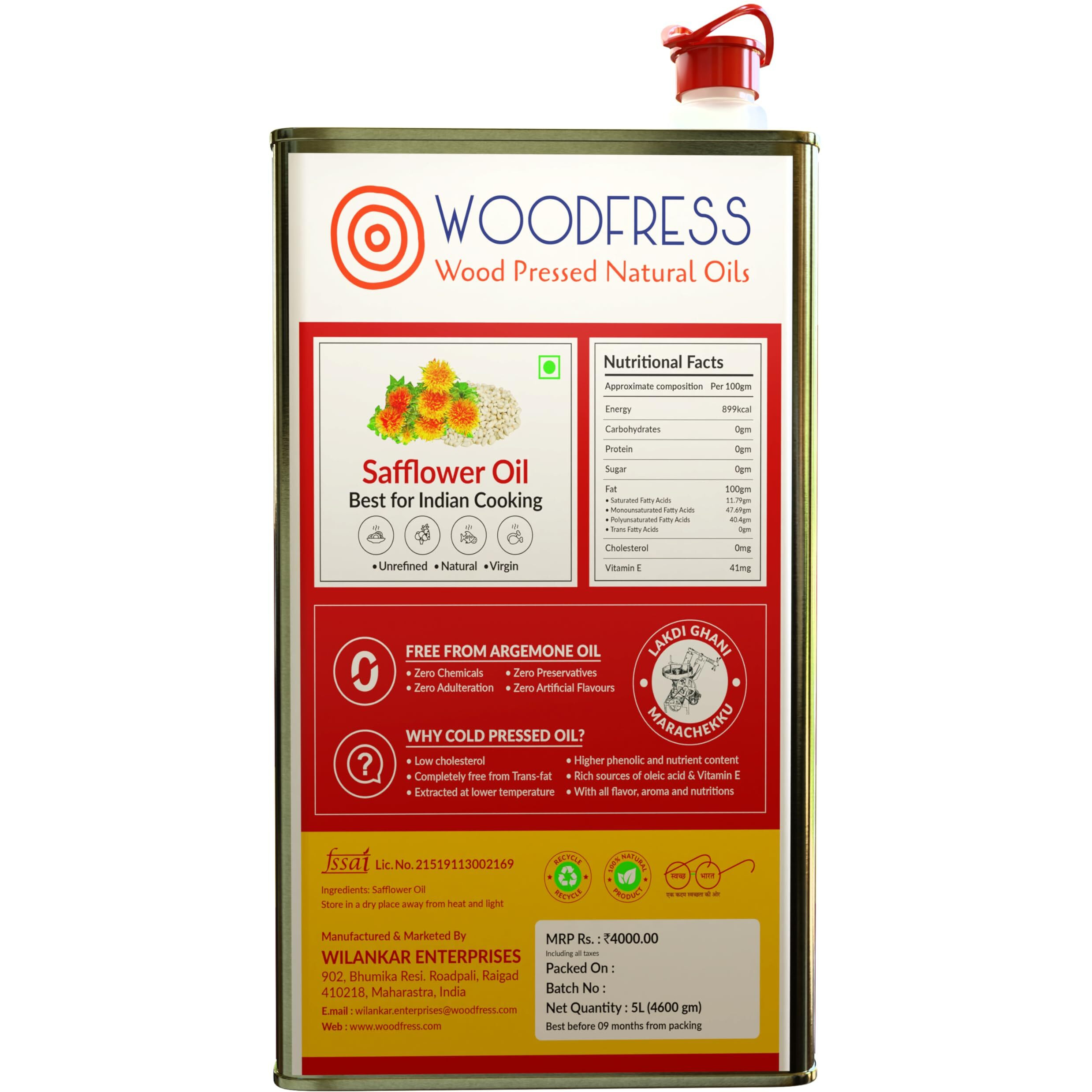 WOODFRESS Cold Pressed Safflower Oil 5 Litre, Freshly Hulled, 25kg Seeds for 5L Pure Woodpress Oil, Wood Pressed Kardai/Kardi Tel (Lakdi Ghani/Marachekku) for Healthy Cooking, Metal Tin 5L
