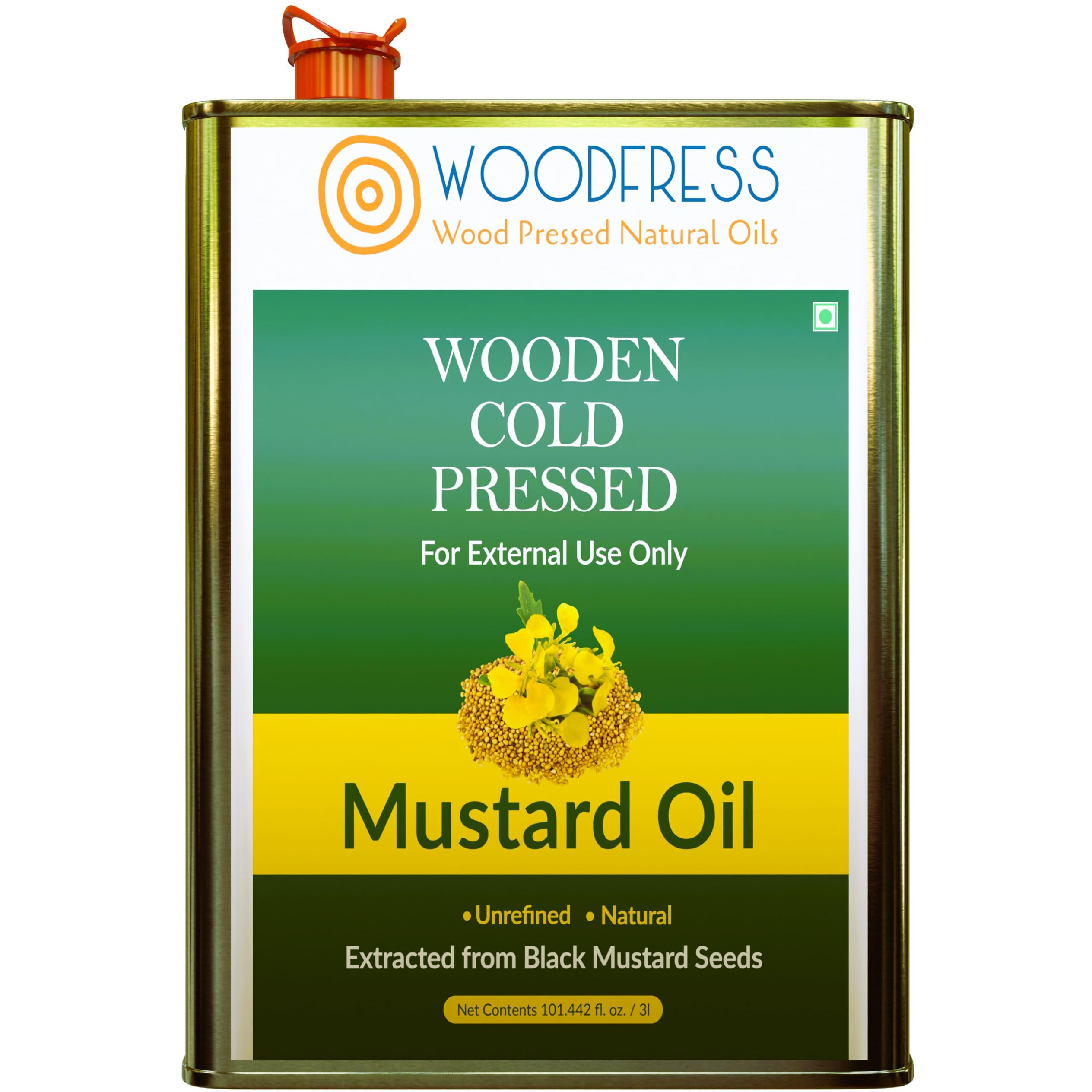 WOODFRESS Pure Cold Pressed Kachi Ghani Mustard Oil, 3 Litre Metal Tin, Wood Pressed Sarson Oil, 15 Kg Mustard Seeds Per 3 Litre, Healthy Cooking Oil, Unrefined Black Mustard, Preservative-Free