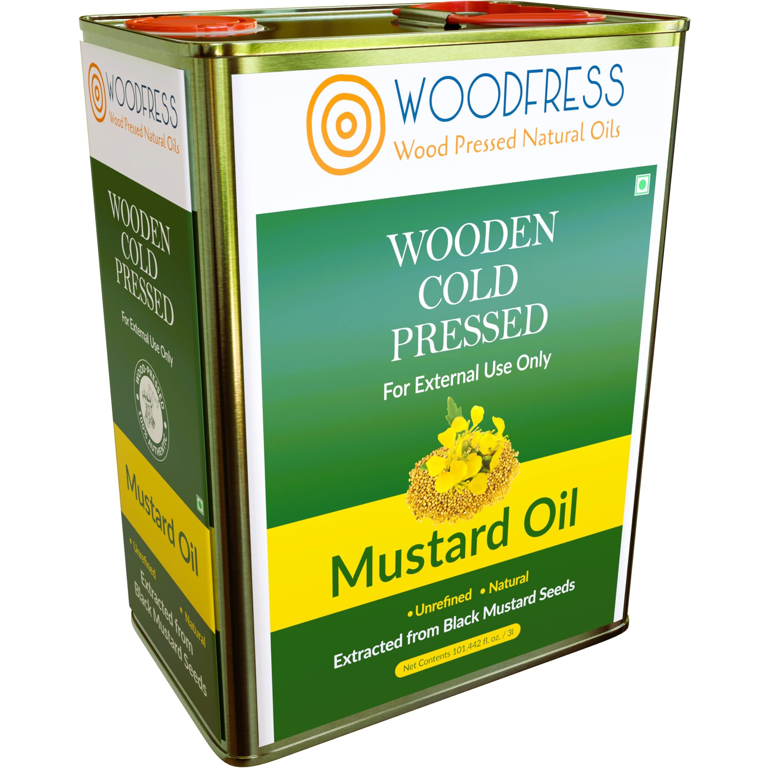 WOODFRESS Pure Cold Pressed Kachi Ghani Mustard Oil, 3 Litre Metal Tin, Wood Pressed Sarson Oil, 15 Kg Mustard Seeds Per 3 Litre, Healthy Cooking Oil, Unrefined Black Mustard, Preservative-Free