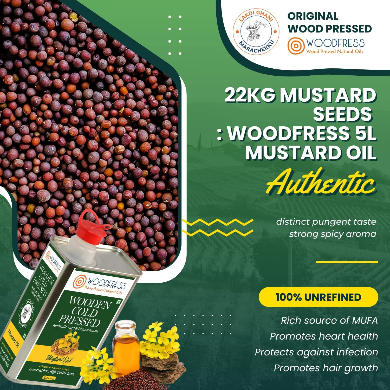 WOODFRESS Pure Cold Pressed Kachi Ghani Mustard Oil, 3 Litre Metal Tin, Wood Pressed Sarson Oil, 15 Kg Mustard Seeds Per 3 Litre, Healthy Cooking Oil, Unrefined Black Mustard, Preservative-Free