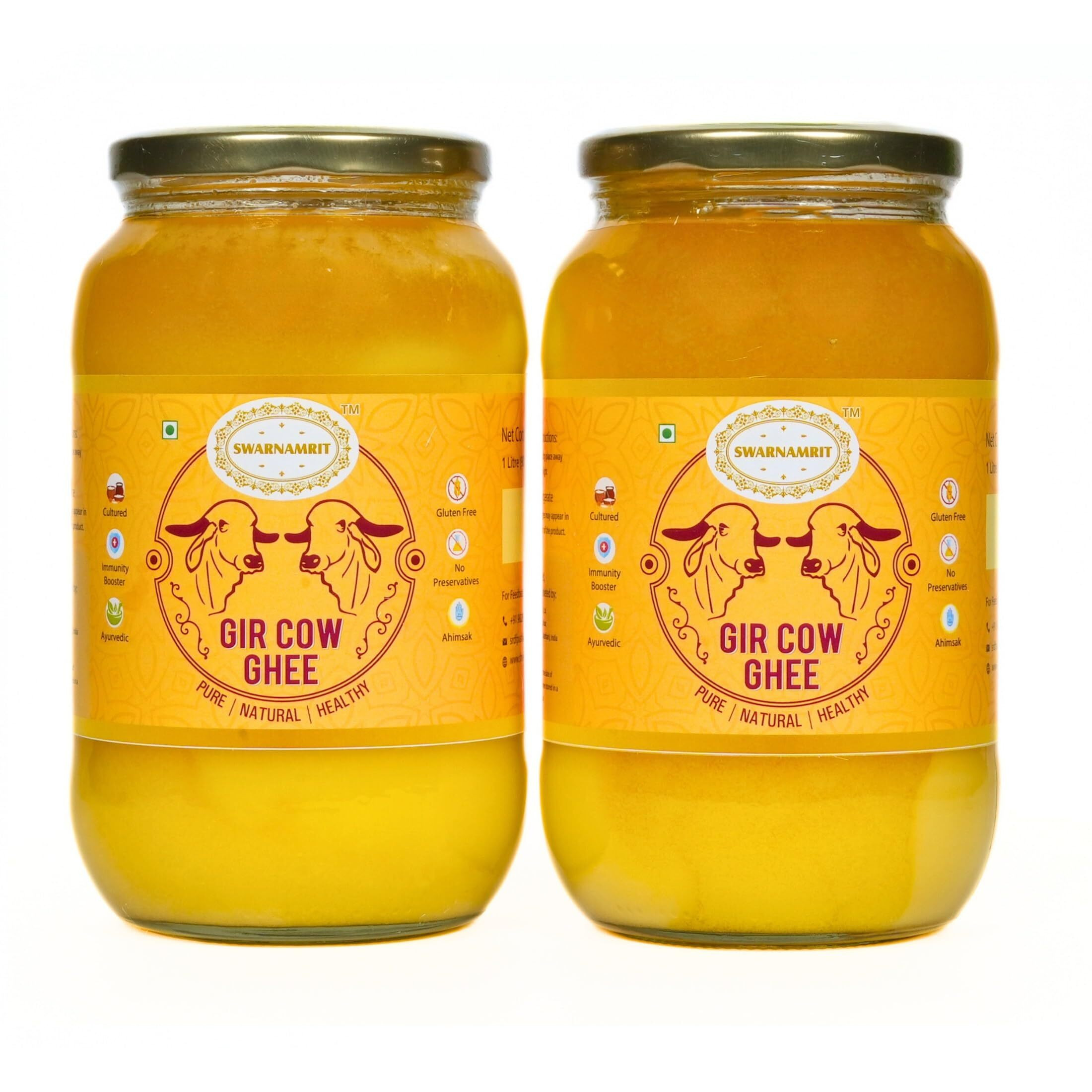 SWARNAMRIT A2 Desi Gir Cow Ghee Vedic Bilona Method Glass Jar Packaging (1 Litre X 2)