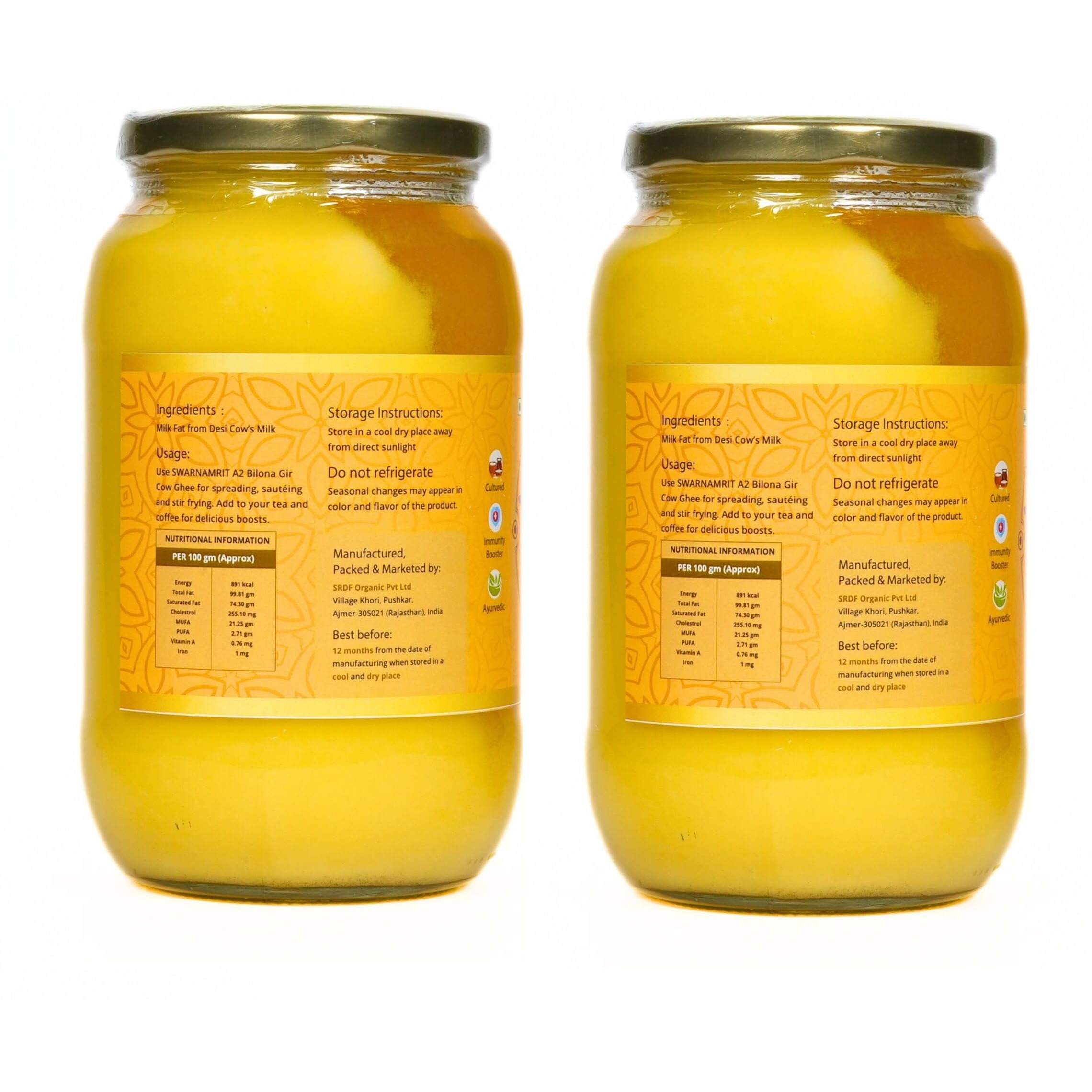 SWARNAMRIT A2 Desi Gir Cow Ghee Vedic Bilona Method Glass Jar Packaging (1 Litre X 2)