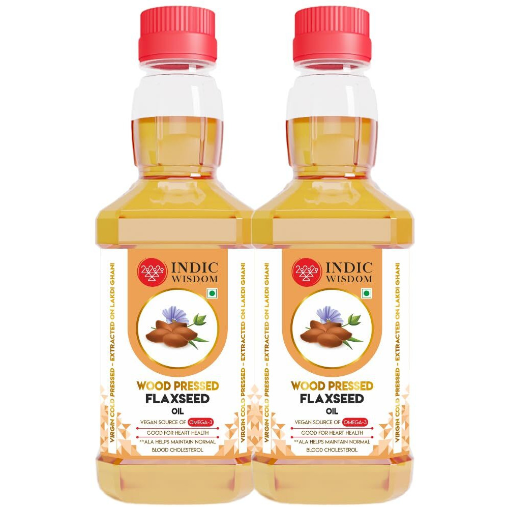 IndicWisdom Wood Pressed Flaxseed Oil 500ml-VEGAN OMEGA 3- (Pack of 2) (Cold Pressed - Extracted on Wooden Churner) Kolhu/Kacchi Ghani / Chekku