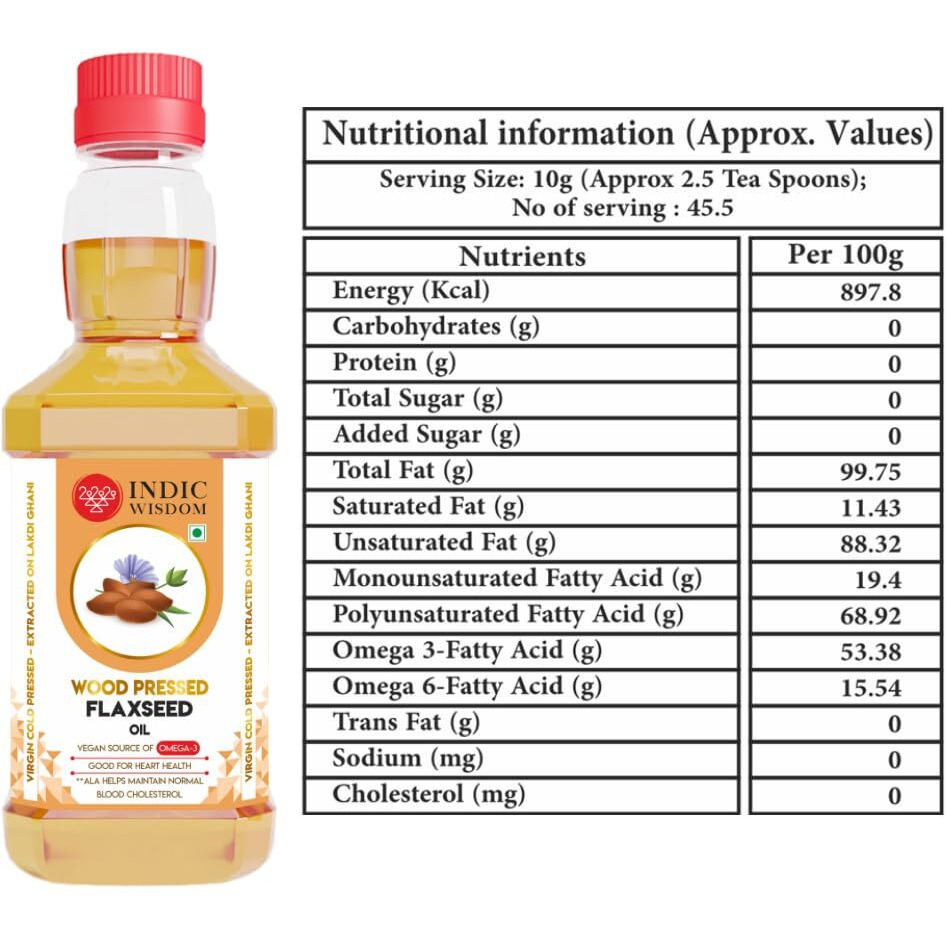 IndicWisdom Wood Pressed Flaxseed Oil 500ml-VEGAN OMEGA 3- (Pack of 2) (Cold Pressed - Extracted on Wooden Churner) Kolhu/Kacchi Ghani / Chekku