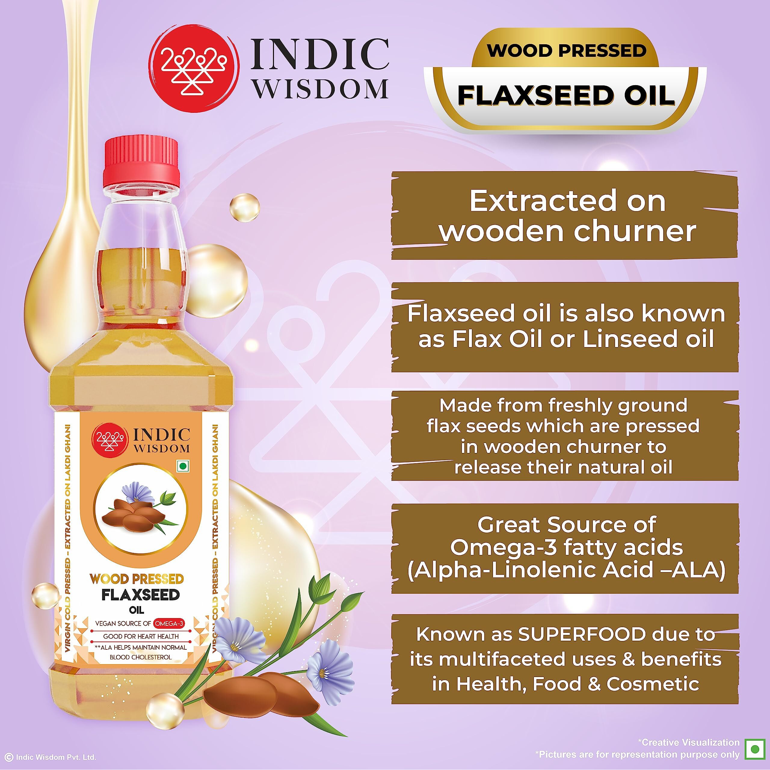 IndicWisdom Wood Pressed Flaxseed Oil 500ml-VEGAN OMEGA 3- (Pack of 2) (Cold Pressed - Extracted on Wooden Churner) Kolhu/Kacchi Ghani / Chekku