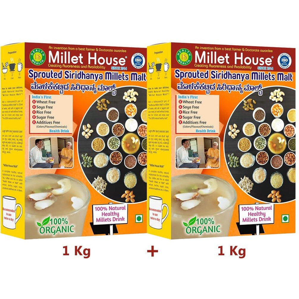 Millet House Sprouted Siridhanya Millets Malt 2 KG | 30 Natural Ingredients |100% Healthy Chemical Free Natural Certified Millet Drink | Traditional Millets Organic (2kg) (1kg x 2 packs)