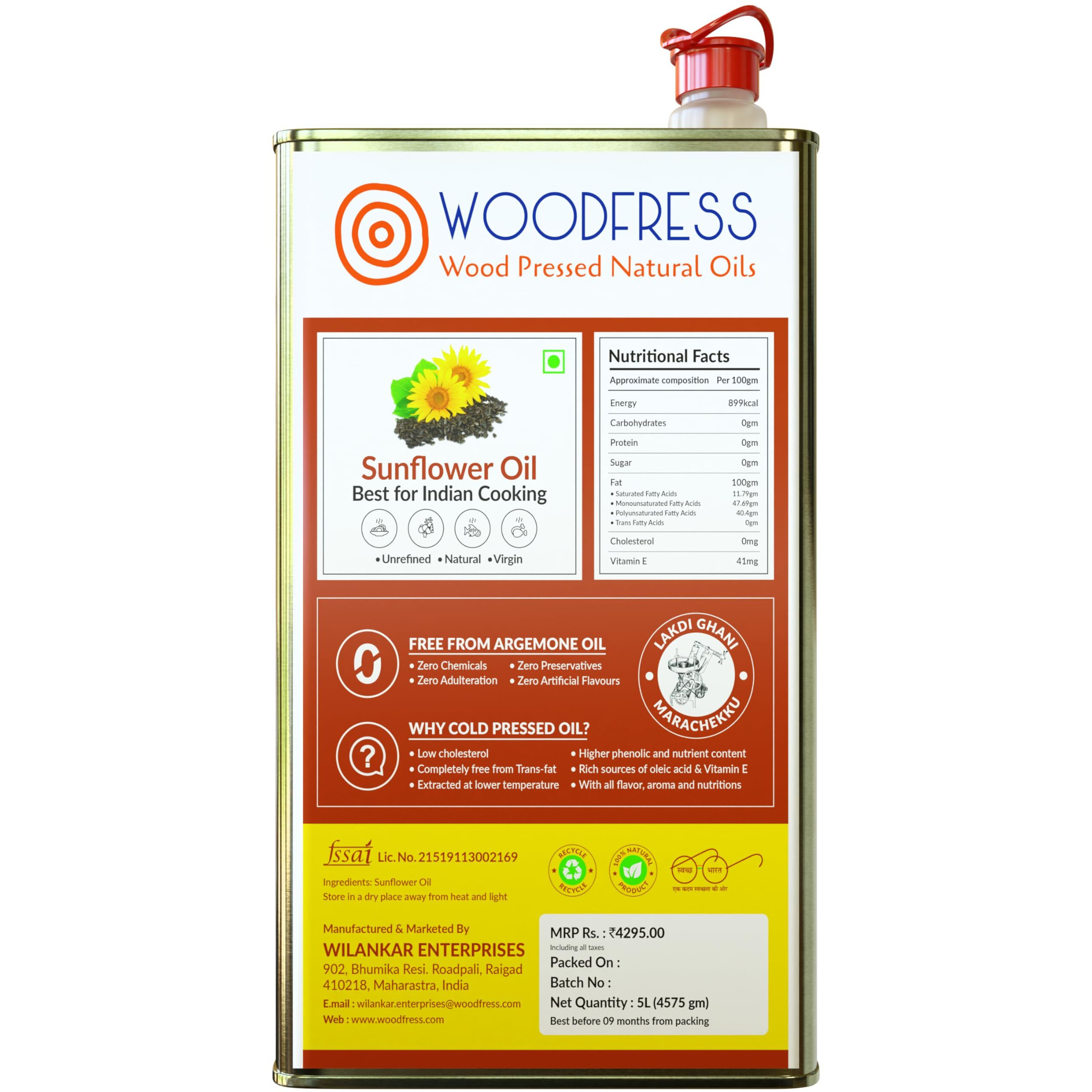 WOODFRESS Pure Wood Pressed Cold Pressed Sunflower Oil - 5 Litre | Unrefined, Chemical-Free, Natural Cooking Oil | Extracted From 19Kg Sunflower Seeds | Nutrient-Rich Edible Oil For Cooking