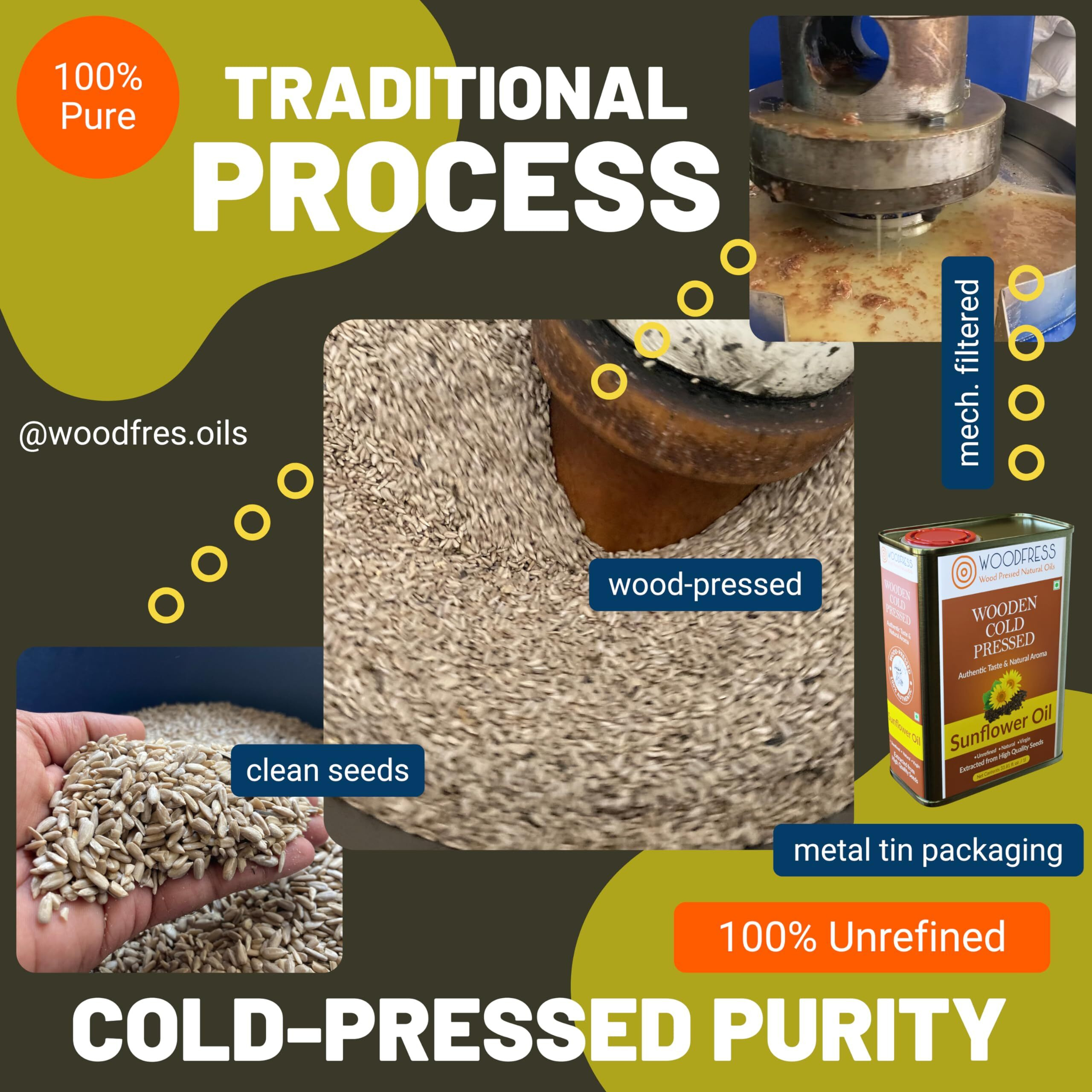 WOODFRESS Pure Wood Pressed Cold Pressed Sunflower Oil - 5 Litre | Unrefined, Chemical-Free, Natural Cooking Oil | Extracted From 19Kg Sunflower Seeds | Nutrient-Rich Edible Oil For Cooking