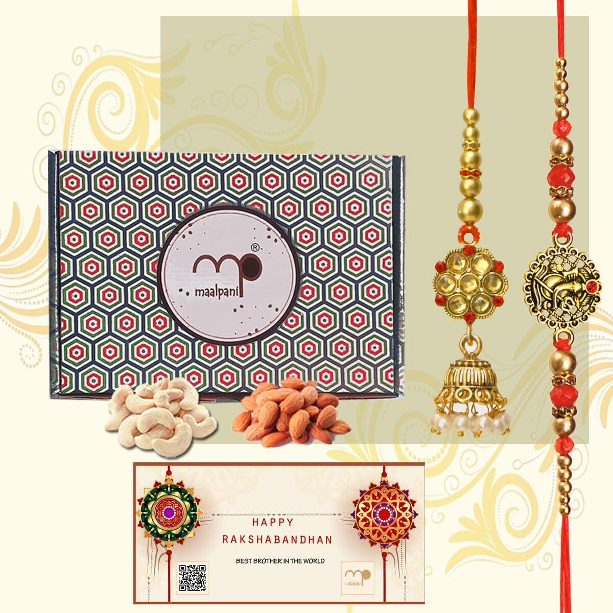 Maalpani Rakhi Dry Fruit Gift Pack | Bhaiya Bhabhi Rakhi And Lumba With Cashew - Kaju, Almond - Badam Gift Hamper |43BB-R19D