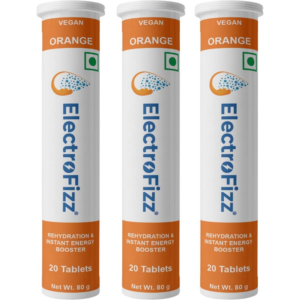 ElectroFizz Electrolyte Instant Energy and Hydration Sports Drink - 60 Effervescent Tablets (Pack of 3 tubes) - Lemon Flavor (Orange)
