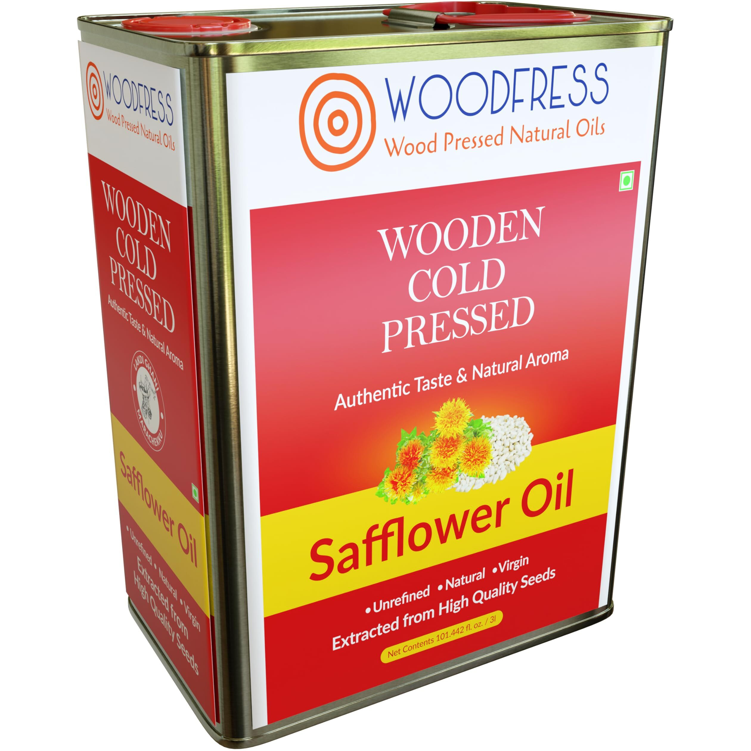 WOODFRESS Cold Pressed Safflower Oil 3 Litre, Freshly Hulled, 15kg Seeds for 3L Pure Woodpress Oil, Wood Pressed Kardai/Kardi Tel (Lakdi Ghani/Marachekku) for Healthy Cooking, Metal Tin 3L