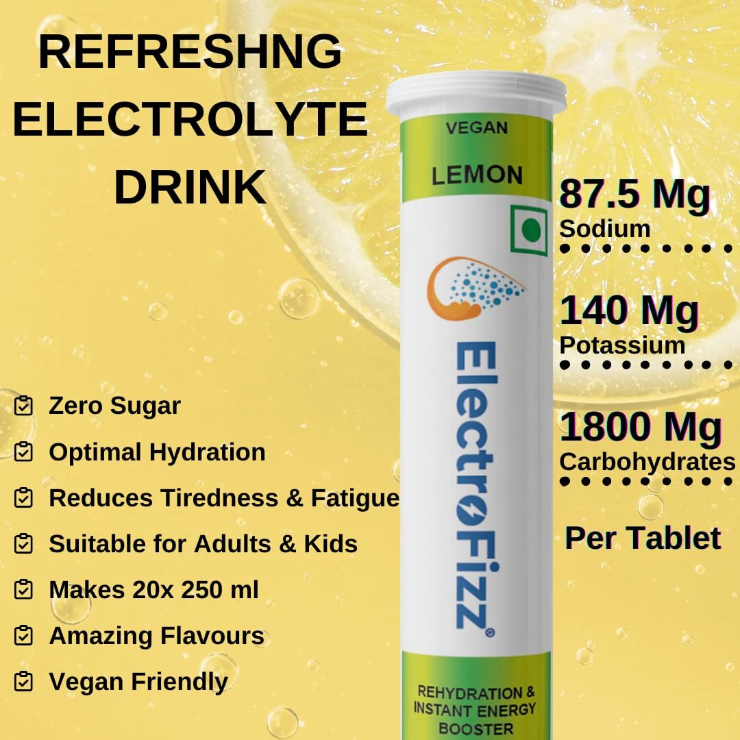 ElectroFizz Electrolyte Instant Energy and Hydration Sports Drink - 60 Effervescent Tablets (Pack of 3 tubes) (Lemon)