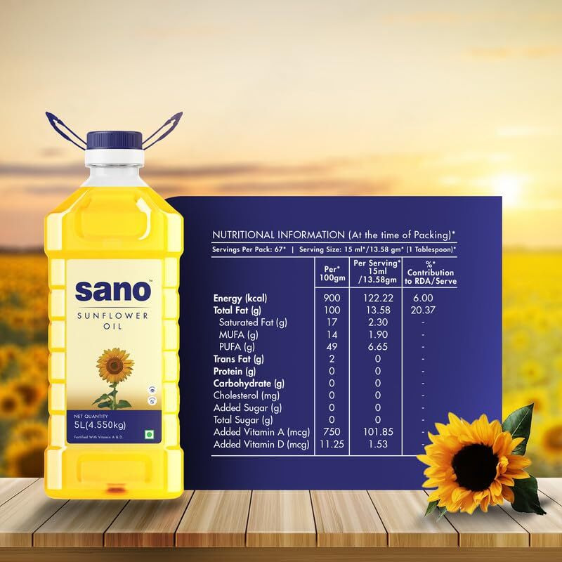 Sano Sunflower Oil 5 Ltr Pet Bottle - Pure, Nutrient-Rich Cooking Oil with High Smoke Point - Ideal for Frying, Sauting, and Baking (5 Ltr X 2 Pack)