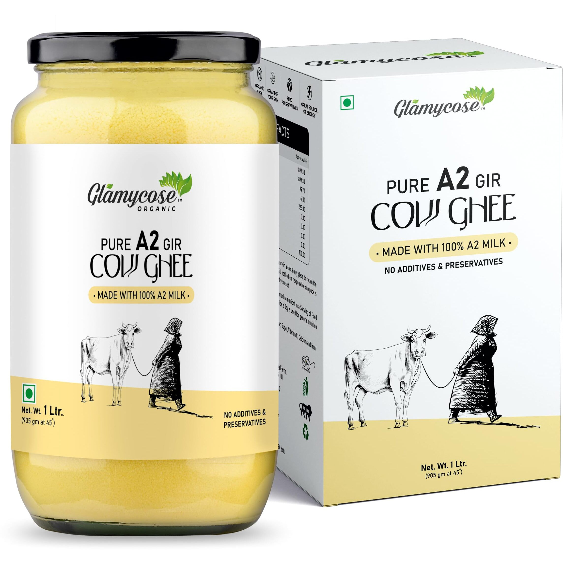 GLAMYCOSE Pure Cow Ghee, Ghee Premium A2 Gir Cow Cultured Ghee | Vedic Bilona Two Way Hand Churned | Indian Gir Cow Ghee, Pure A2 Ghee, Natural & Healthy (1 Liter)