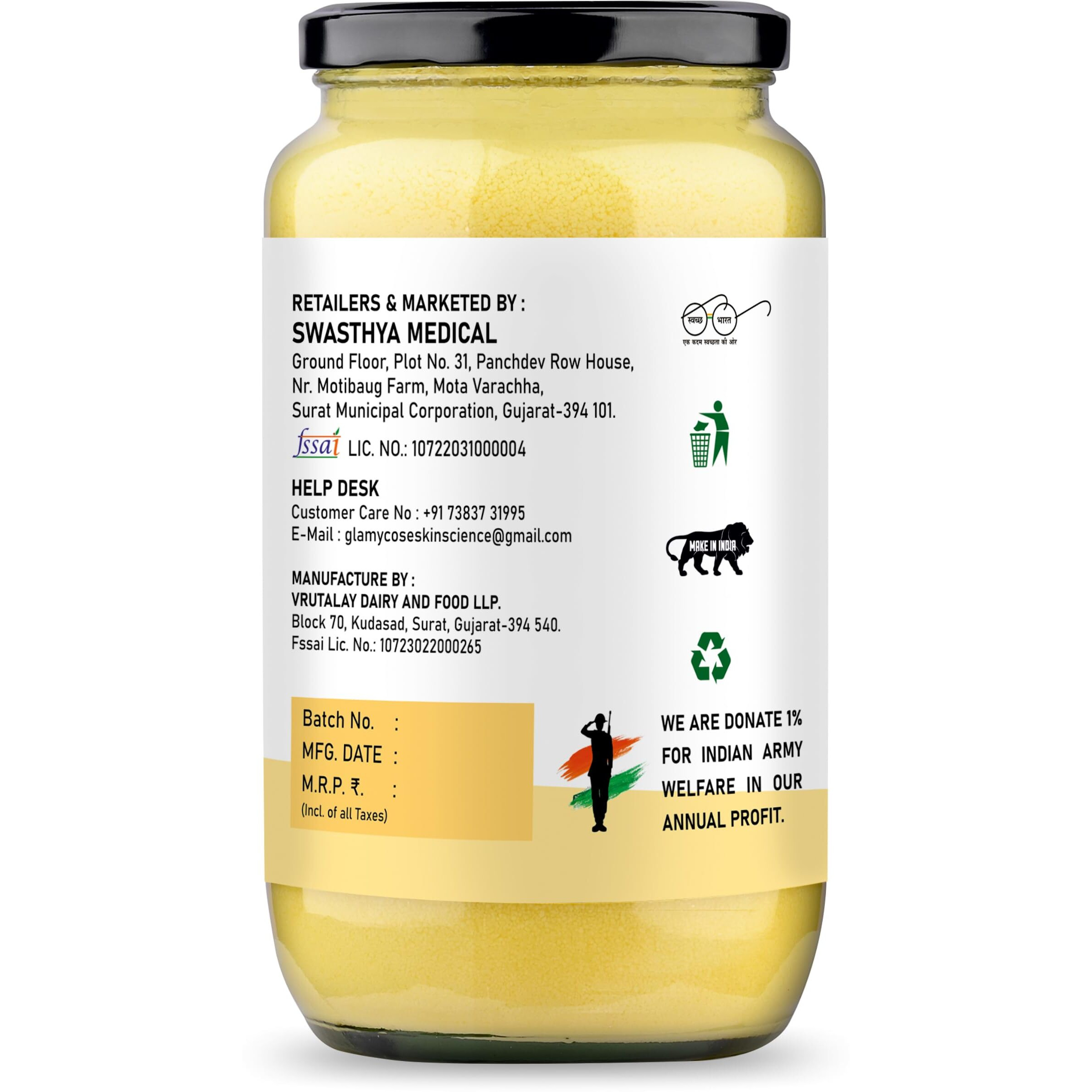 GLAMYCOSE Pure Cow Ghee, Ghee Premium A2 Gir Cow Cultured Ghee | Vedic Bilona Two Way Hand Churned | Indian Gir Cow Ghee, Pure A2 Ghee, Natural & Healthy (1 Liter)
