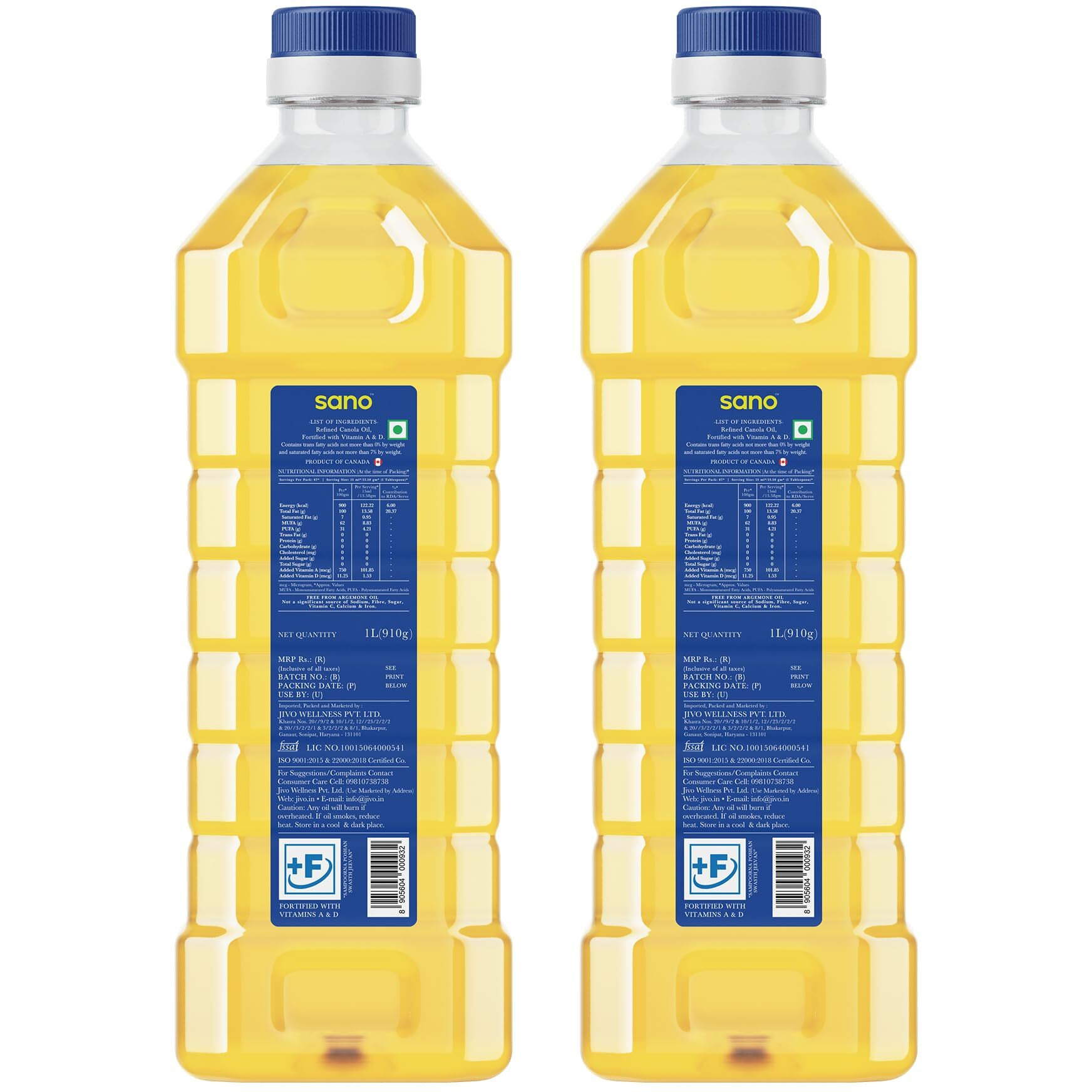 Sano Canola Oil - Healthy Cooking Oil for Daily Use | Recommended by Experts for All Types of Cuisines | Lowest in Saturated Fat | 1+1 Litre Bottle (Pack of 2)