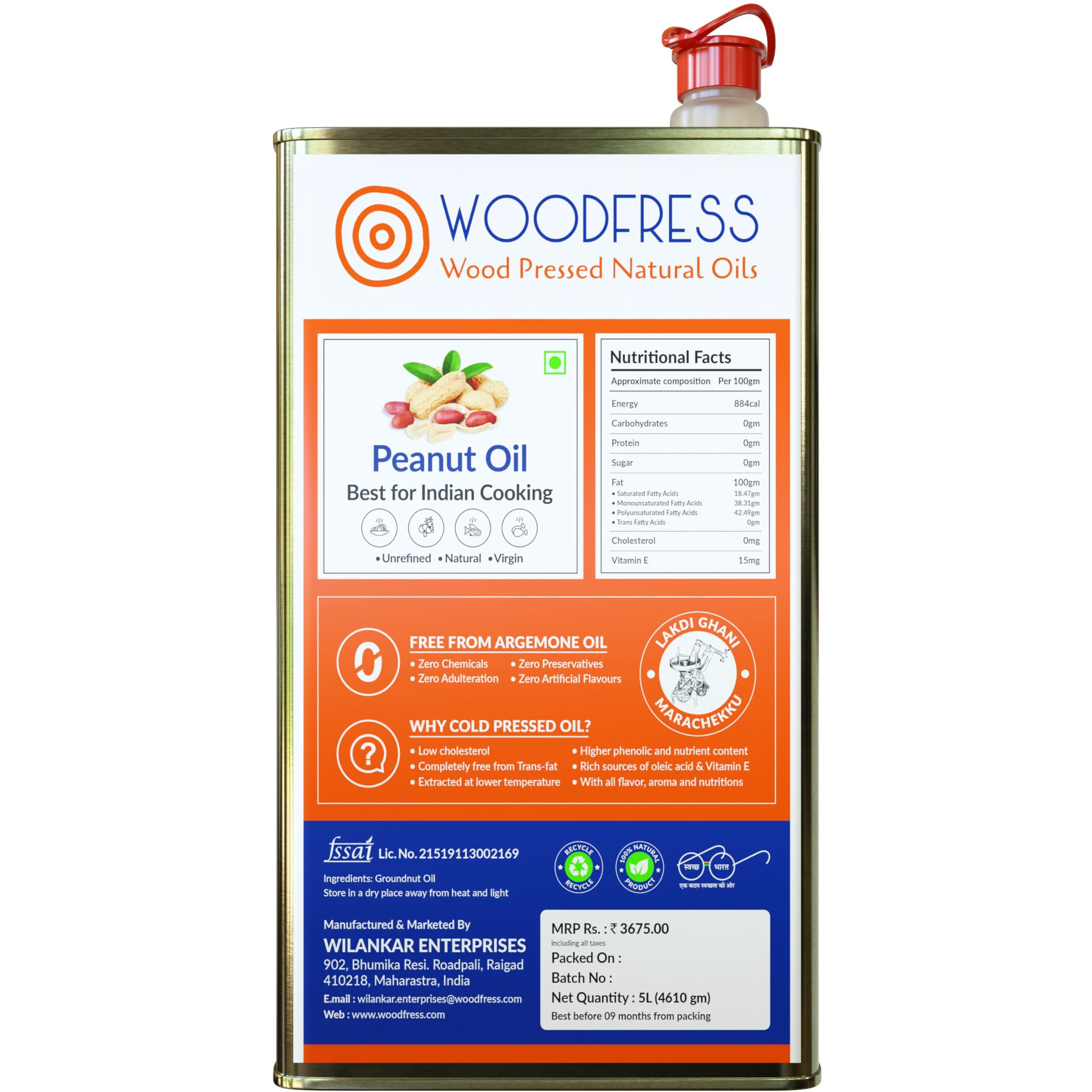 WOODFRESS Cold Pressed Groundnut Oil 5 Litre - Extracted from 13kg Red JAVA Peanuts for 5L Pure Woodpress Oil (Lakdi Ghani) Healthy Cooking Oil, 100% Natural Cold-pressed Peanut Oil, Metal Tin 5L