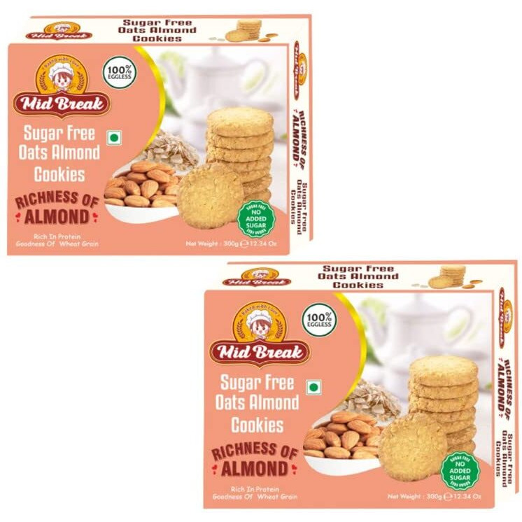 Midbreak - Sugar Free Oats Almonds Cookies | Sugar Free Oats Almonds Biscuits | Sugar Free Almond Cookies | Premium Handmade Cookies | 300 gms each | Pack of 2