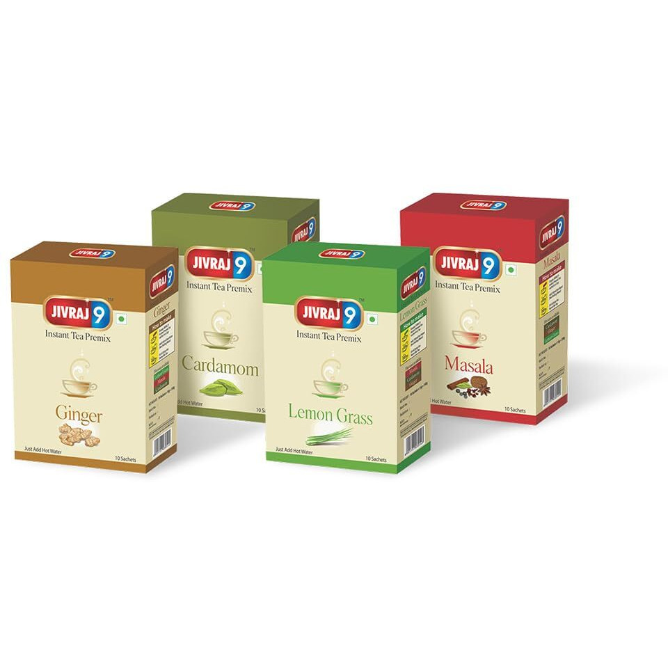 Jivraj 9 Instant Tea Premix Sachets Combo, 4 Flavours - Ginger, Cardamom, Masala, Lemongrass, Each 10 Sachets, Pack Of 4, 150 Gram