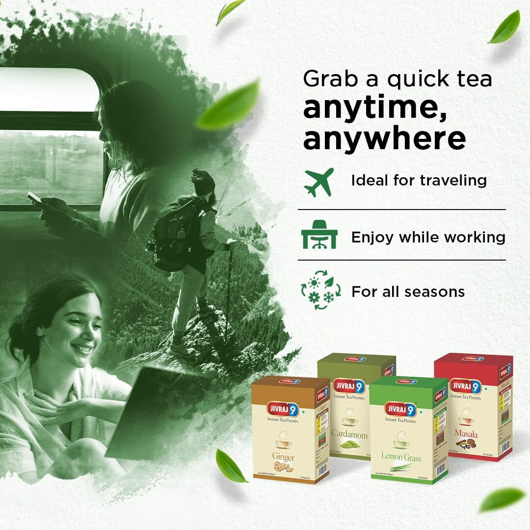Jivraj 9 Instant Tea Premix Sachets Combo, 4 Flavours - Ginger, Cardamom, Masala, Lemongrass, Each 10 Sachets, Pack Of 4, 150 Gram