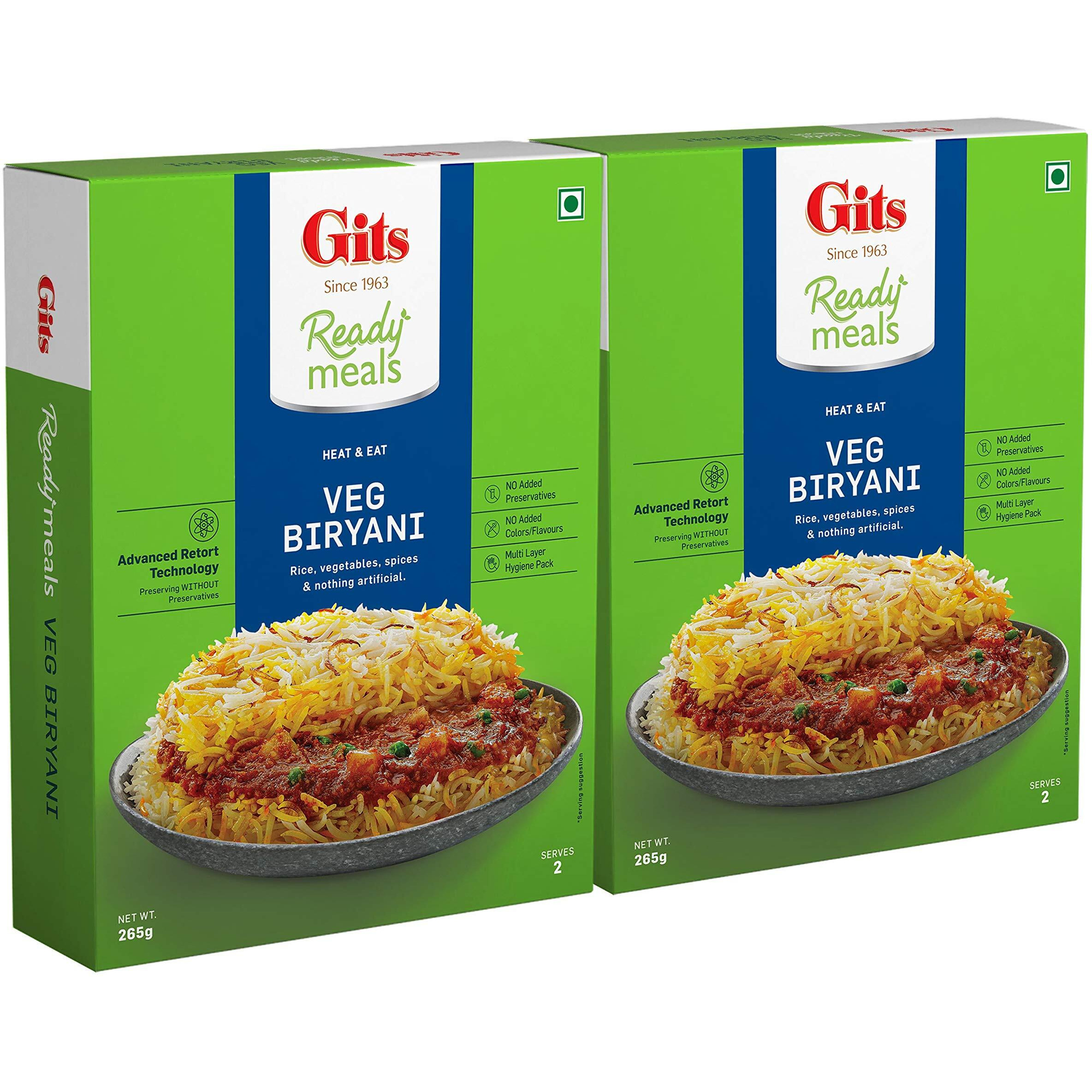 Gits Ready to Eat Veg Biryani, Layered Rice Dish, Microwaveable, 530g (Pack of 2 X 265g Each)