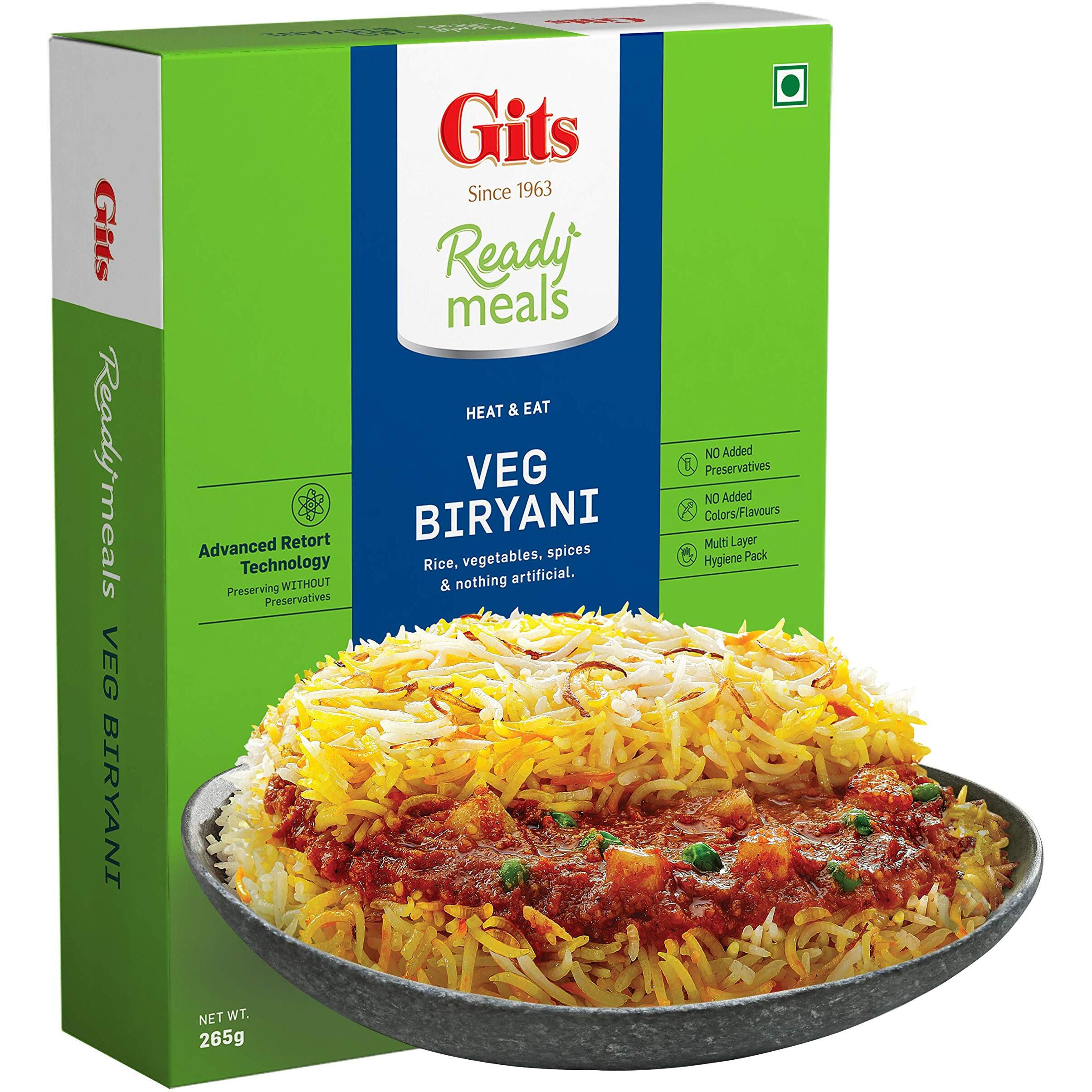 Gits Ready to Eat Veg Biryani, Layered Rice Dish, Microwaveable, 530g (Pack of 2 X 265g Each)