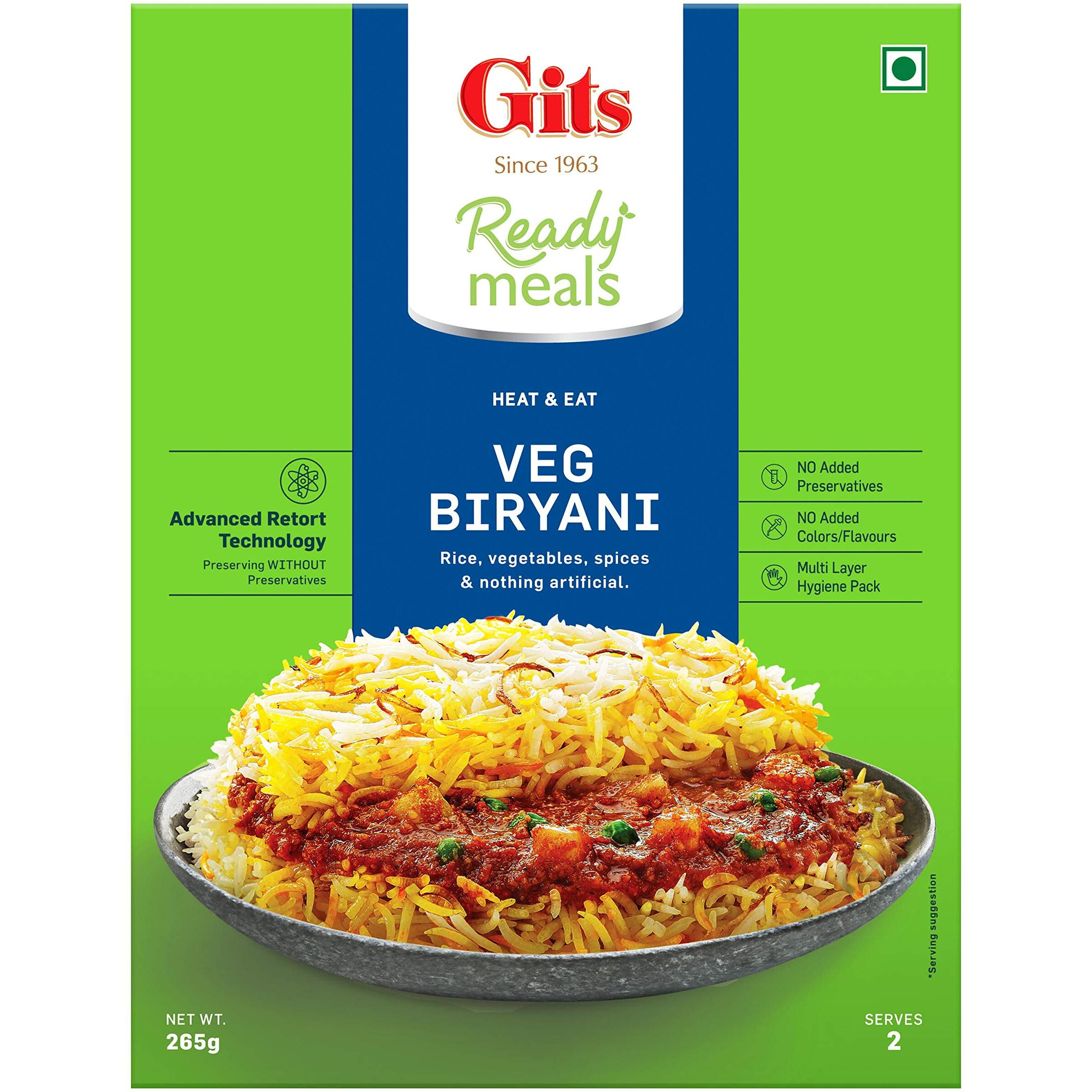 Gits Ready to Eat Veg Biryani, Layered Rice Dish, Microwaveable, 530g (Pack of 2 X 265g Each)