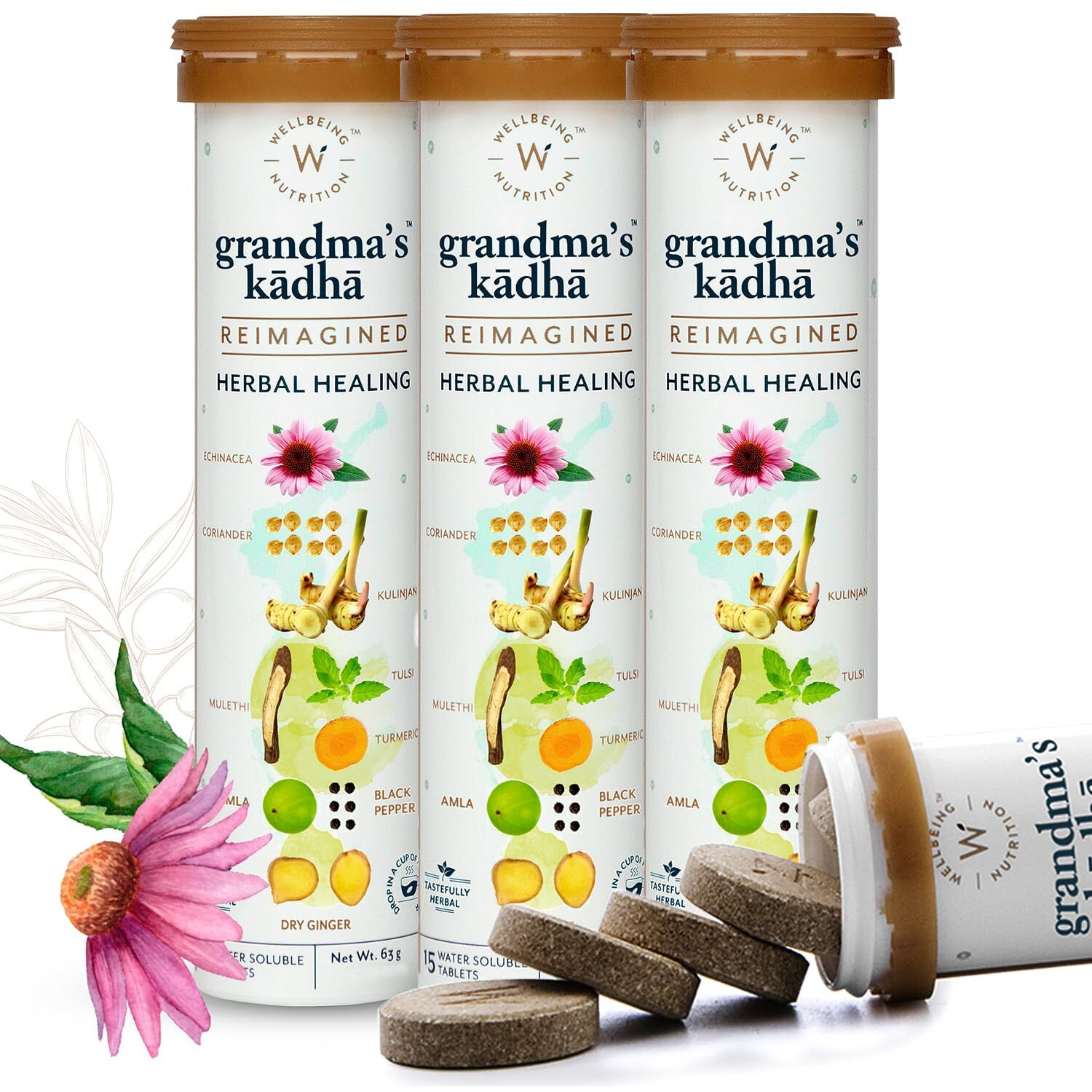Wellbeing Nutrition Grandmas Kadha- Ayurvedic Kadha Tea | Ayush Kwath Herbal Tea| with Echinacea, Tulsi, Amla, Turmeric, Ginger, Mulethi, Kalmegh, Adulsa (15 Effervescent Tablets) Pack of 4