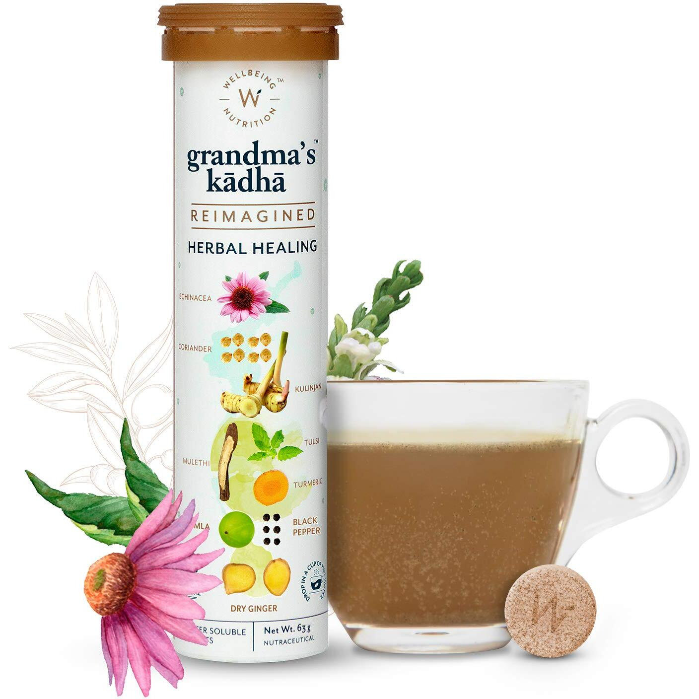 Wellbeing Nutrition Grandmas Kadha- Ayurvedic Kadha Tea | Ayush Kwath Herbal Tea| with Echinacea, Tulsi, Amla, Turmeric, Ginger, Mulethi, Kalmegh, Adulsa (15 Effervescent Tablets) Pack of 4