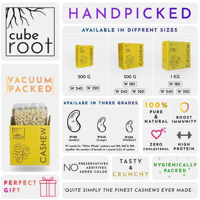 Cube Root 100% Natural Whole Cashew Nuts 1kg (1000g), W320 Grade (Medium size), Vacuum Pack, Dry Fruits